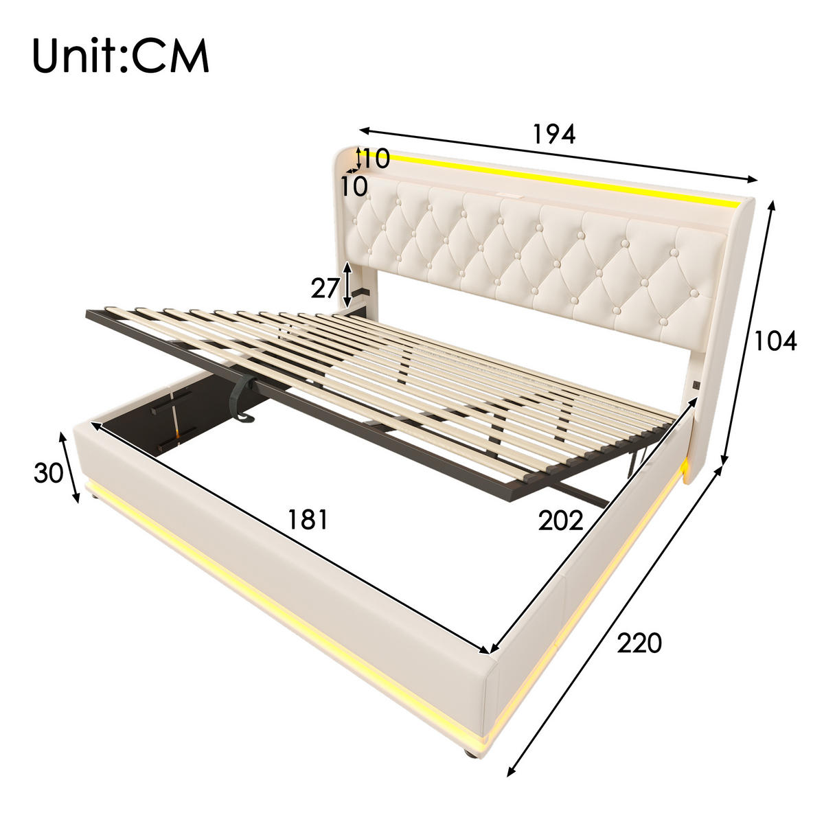 POLSTERBETT 180/200 cm Weiß mit 360-Grad-LED-Beleuchtung und USB-Anschluss - Weiß, Kunststoff (180/200cm) - OKWISH