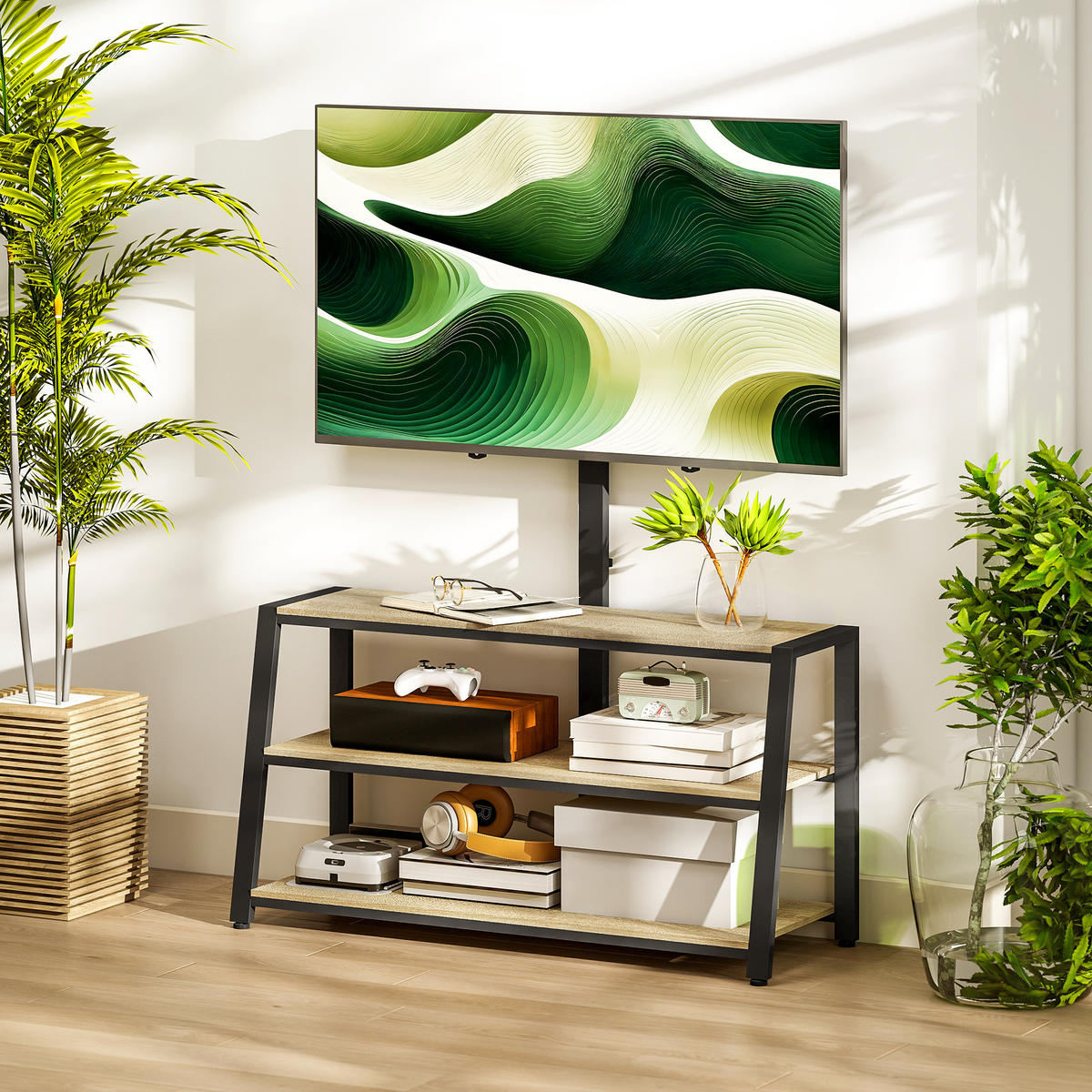 TV-SCHRANK Natur/Schwarz 108/41/135 cm, Schwenkbare Halterung, Offene Fächer, Holzoptik - Naturfarben, Holzwerkstoff (108/135/41cm) - PANGIVO