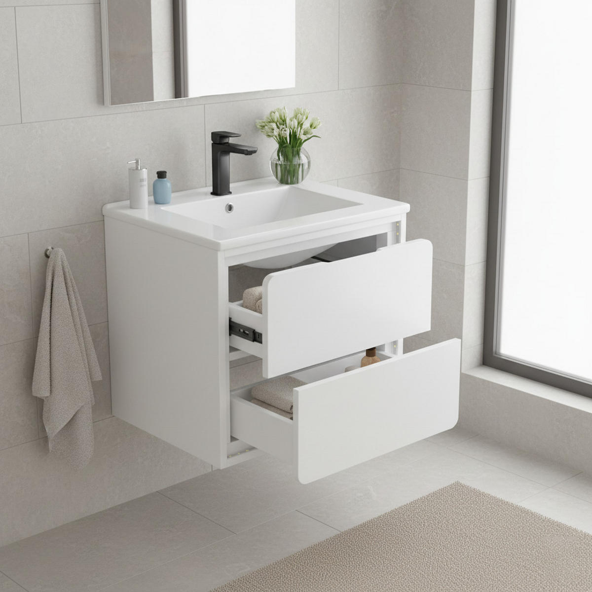 WASCHTISCHKOMBI Weiß hängend mit LED-Radarsensor & Keramikbecken - Weiß, Keramik/Holzwerkstoff (60/50/46cm) - Urban Meuble