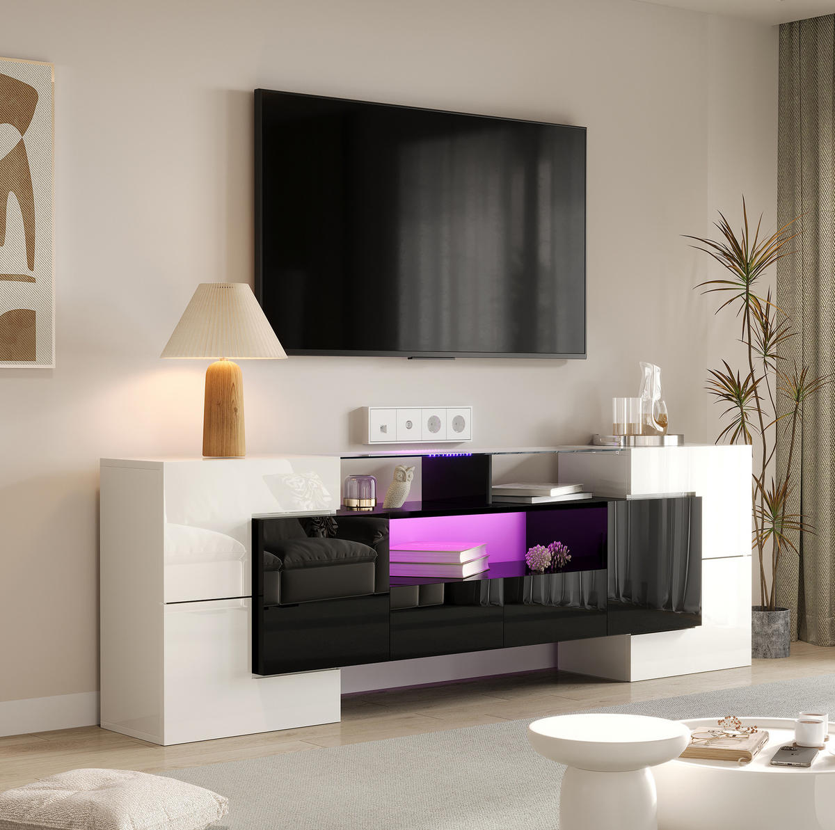 TV-LOWBOARD 200/35/60 cm mit LED-Beleuchtung und 2 Schubladen - Schwarz, Holzwerkstoff (200/60/35cm) - BEAOK