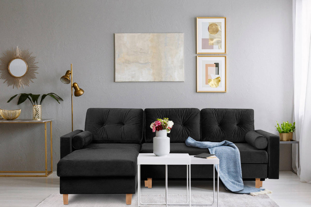 ECKSCHLAFSOFA ERISO 3/4 Sitzer und Universalecke mit Ottoman, Velour-Stoff, graphit - Graphitfarben/Braun, Textil (240/183cm) - KONSIMO®