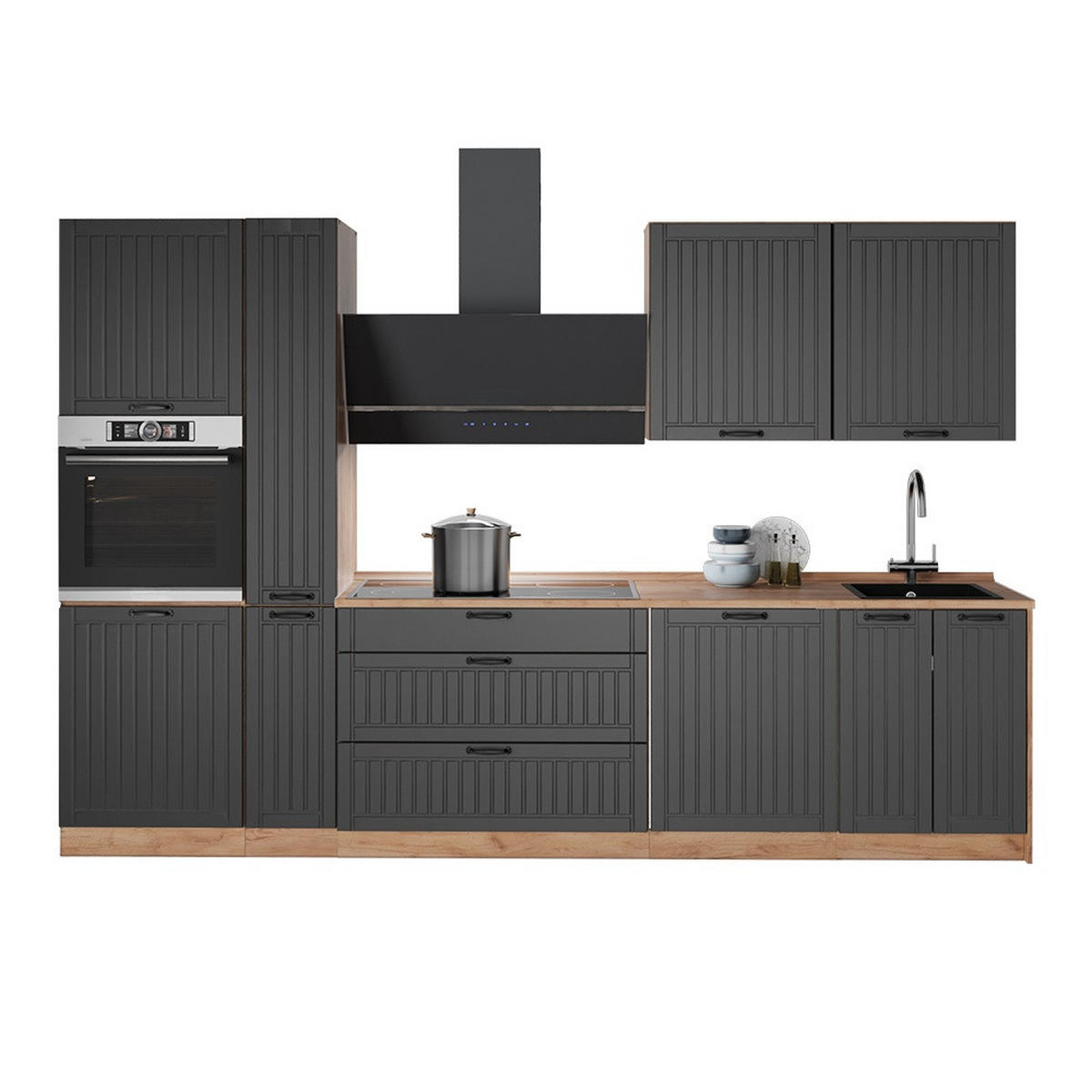 KÜCHENZEILE Fame-Line, Dunkelgrau/Goldkraft Eiche, 310 cm ohne Arbeitsplatte - Honigeiche/Dunkelgrau, Holzwerkstoff (310/206.8/51.6cm) - Vicco