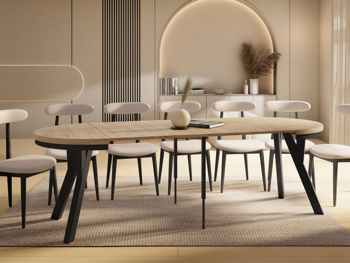 ESSTISCH Vero Neo rund ausziehbar verlängerbar, Eiche Artisan Hellbraun 100-300/100/77 cm - Schwarz/Eiche Artisan, Holz/Holzwerkstoff (100/100/77cm) - WFL GROUP