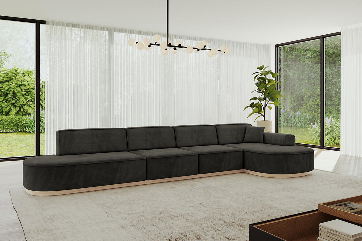 ECKSOFA Ottomane Rechts MARI-L3-v1 - 413x171x83 cm Schwarz Velours - Schwarz, Holzwerkstoff/Textil (171/413cm) - ALTDECOR