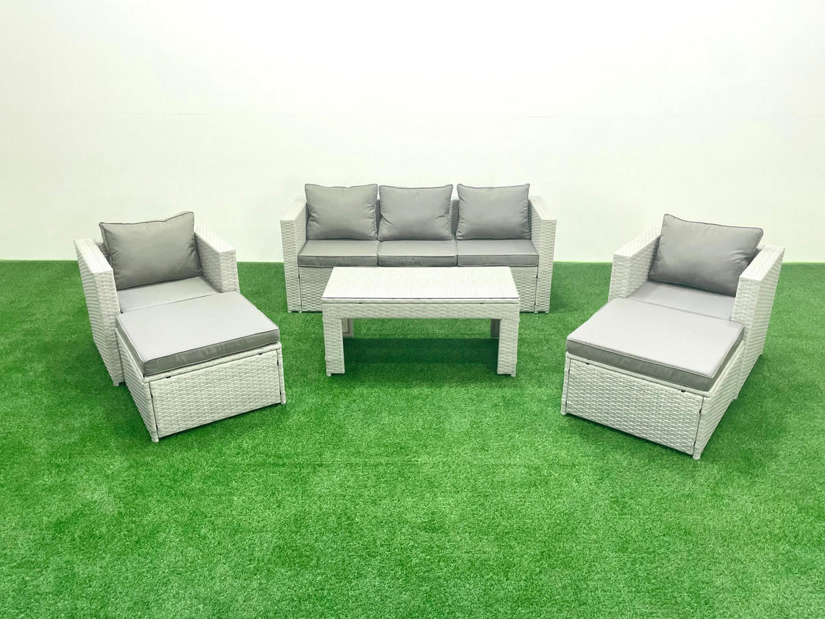 GARTENSET mit 3-SITZER SOFA,COUCHTISCH Polyrattan Hellgrau-Mix 7-Sitzer - Hellgrau/Grau, Glas/Kunststoff - Fimous
