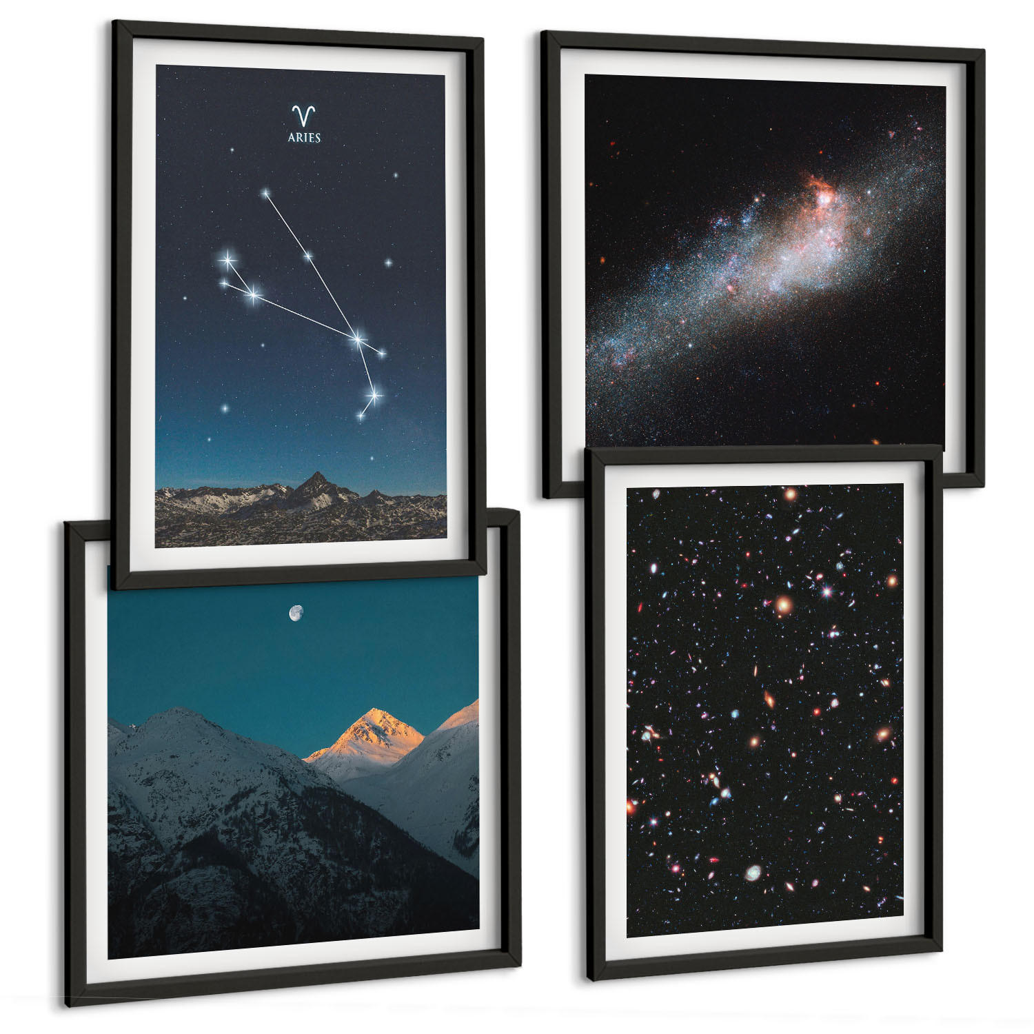 BILDER SET 4er Set - 50x50 cm & 40x60 cm Schwarzer Rahmen - Kosmische Landschaften von Galaxien - Schwarz, Kunststoff (50/50cm) - TULUP