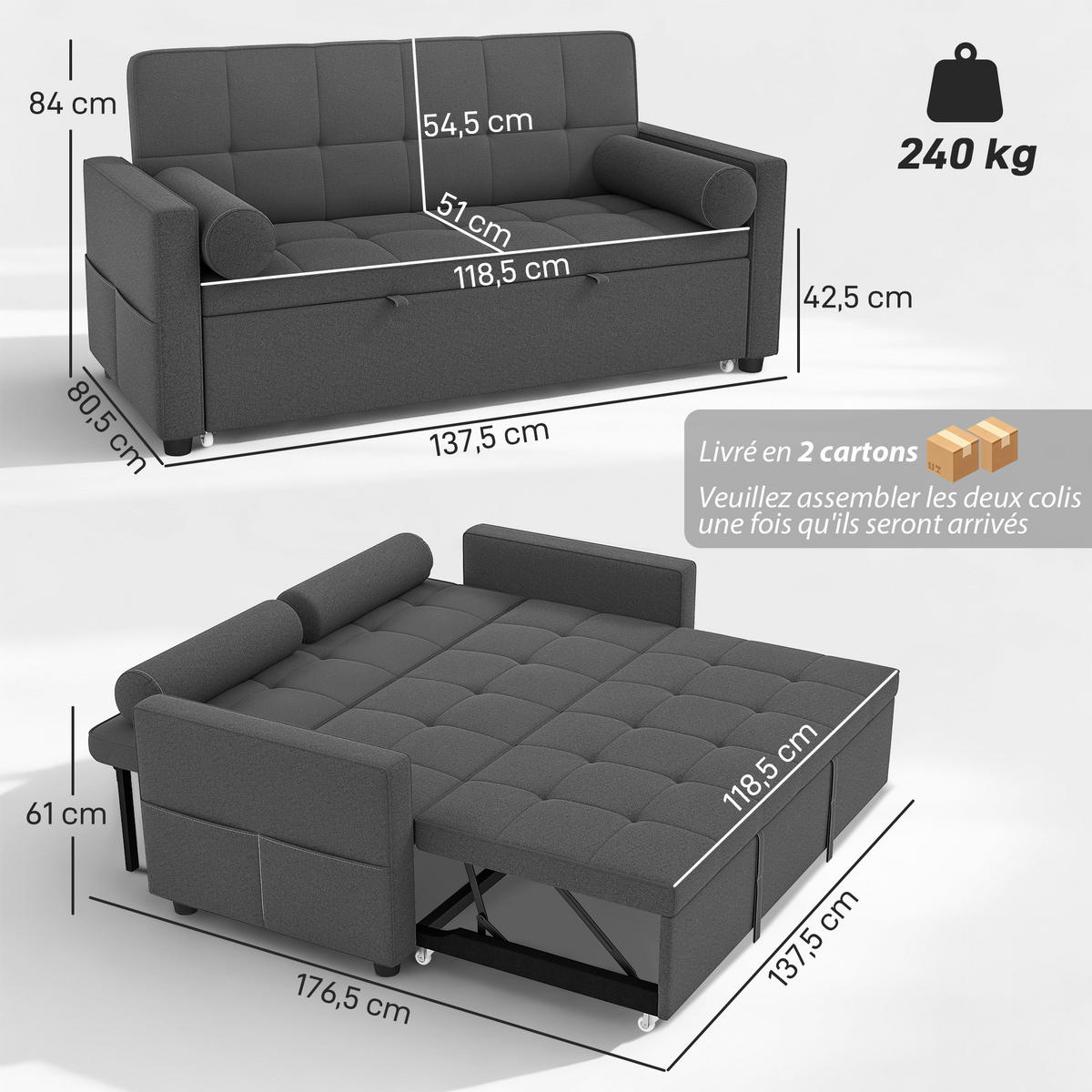 SCHLAFSOFA 2-Sitzer DE-14679 3-in-1 & 7-fach verstellbar Dunkelgrau - Dunkelgrau, Metall (137.5/84/80.5cm) - ComfortXL