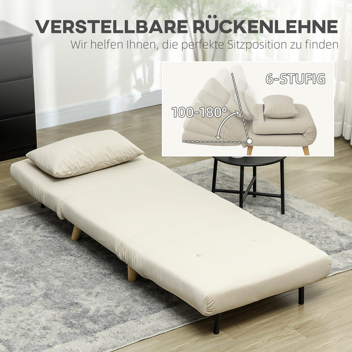 SCHLAFSESSEL, Klappsessel mit Bettfunktion, bis 120 kg belastbar, Beige - Beige/Naturfarben, Holz/Textil (78/79/72cm) - HOMCOM