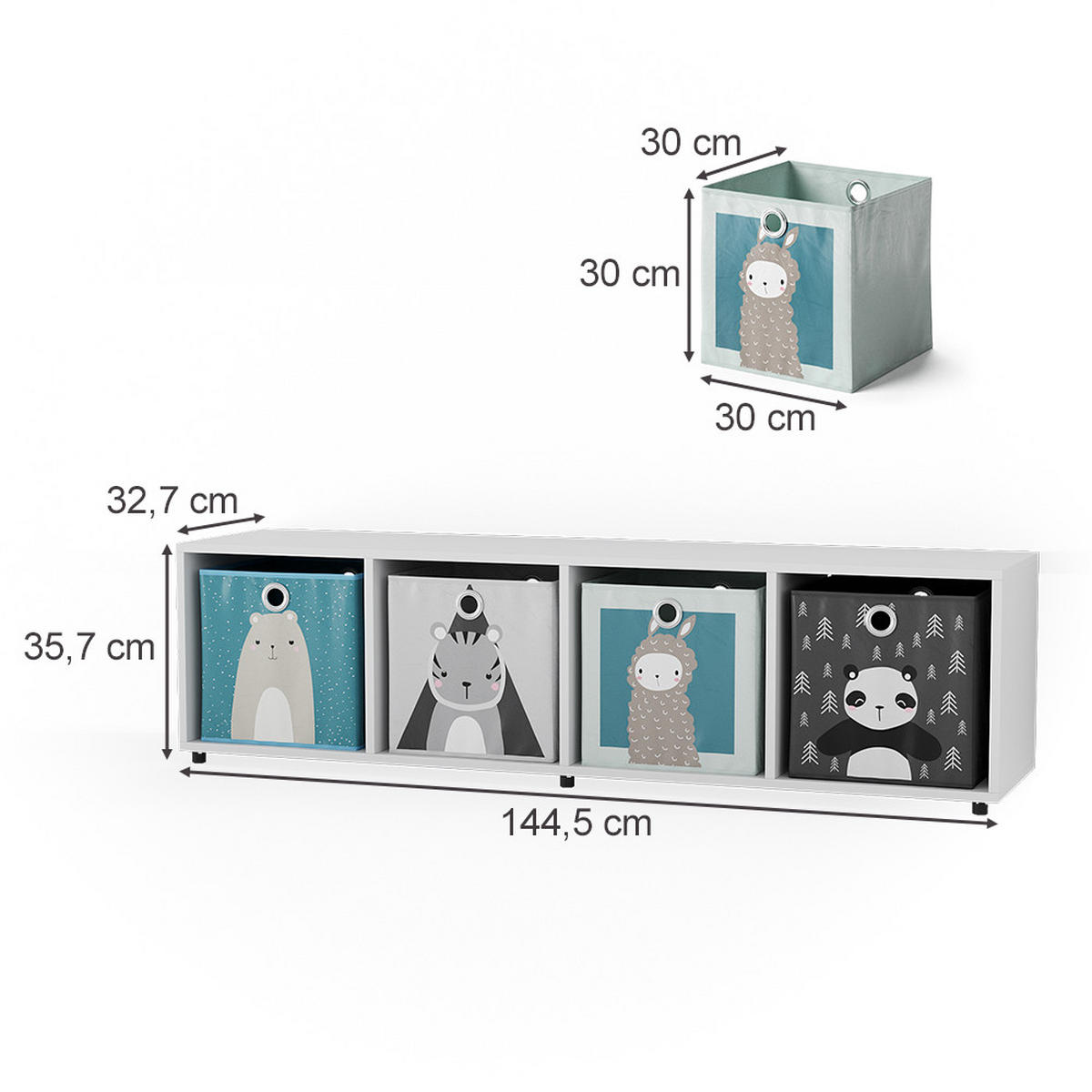 KINDERREGAL Ludus Weiß 142.5 x 36.2 cm mit 4 Faltboxen - Weiß, Holzwerkstoff (142.5/36.2/33cm) - Vicco