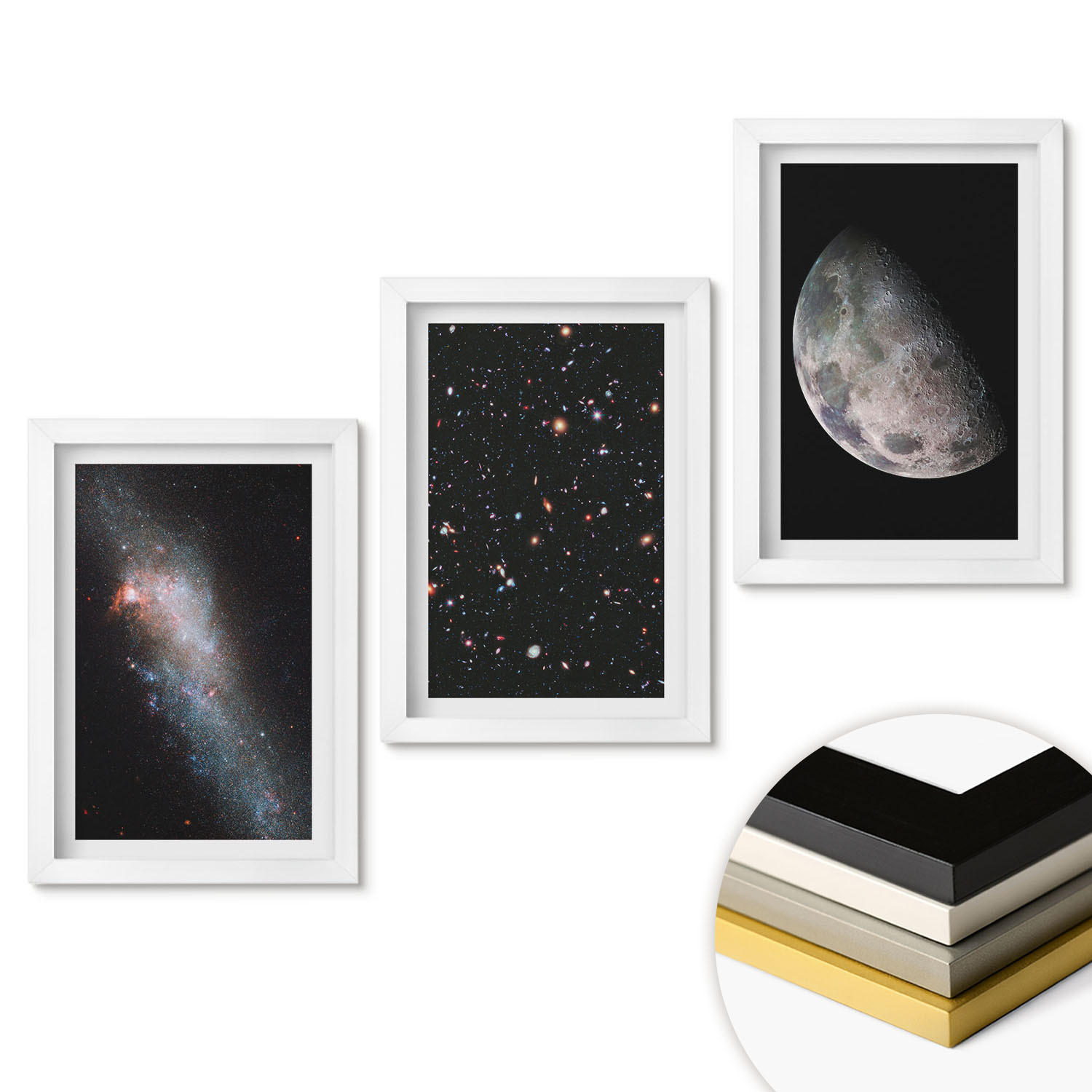WANDBILDER 3er-Set - 20x30 cm Weißer Rahmen - Weltraum Galaxien Sterne Mond - Weiß, Kunststoff (20/30cm) - ArtPrintCave