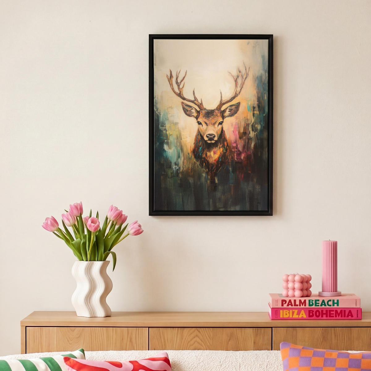 LEINWAND Bilder mit Rahmen - Hirsch - Gemalt - Geweih - Braun - 20x30 - Haselnussfarben, Textil (20/30cm) - MuchoWow