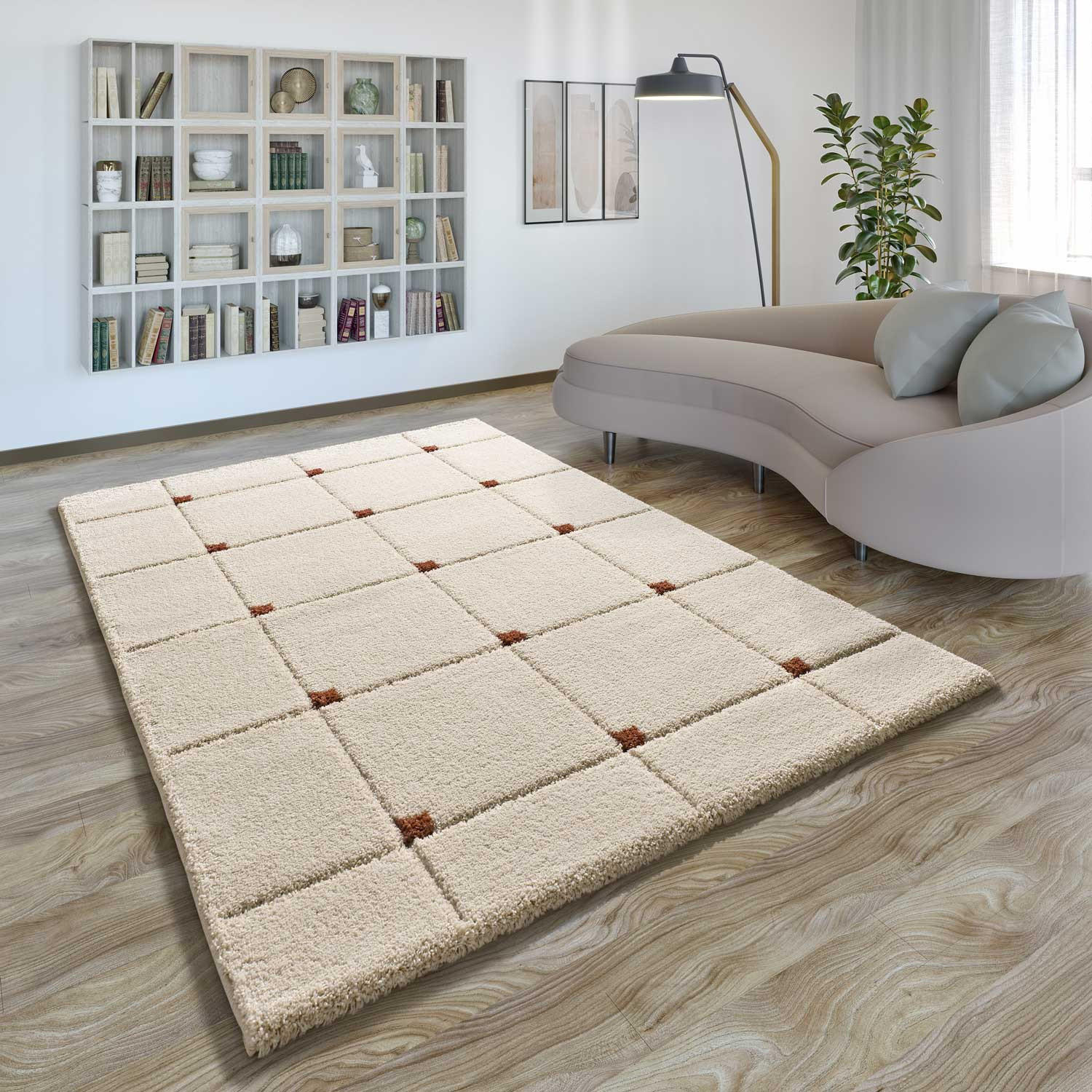 Thumbnail - Atticgo Hochflorteppich, Beige, Terra cotta, Textil, Grafikmuster, Rechteckig, 133x190 cm, Oeko-Tex® Standard 100, für F...