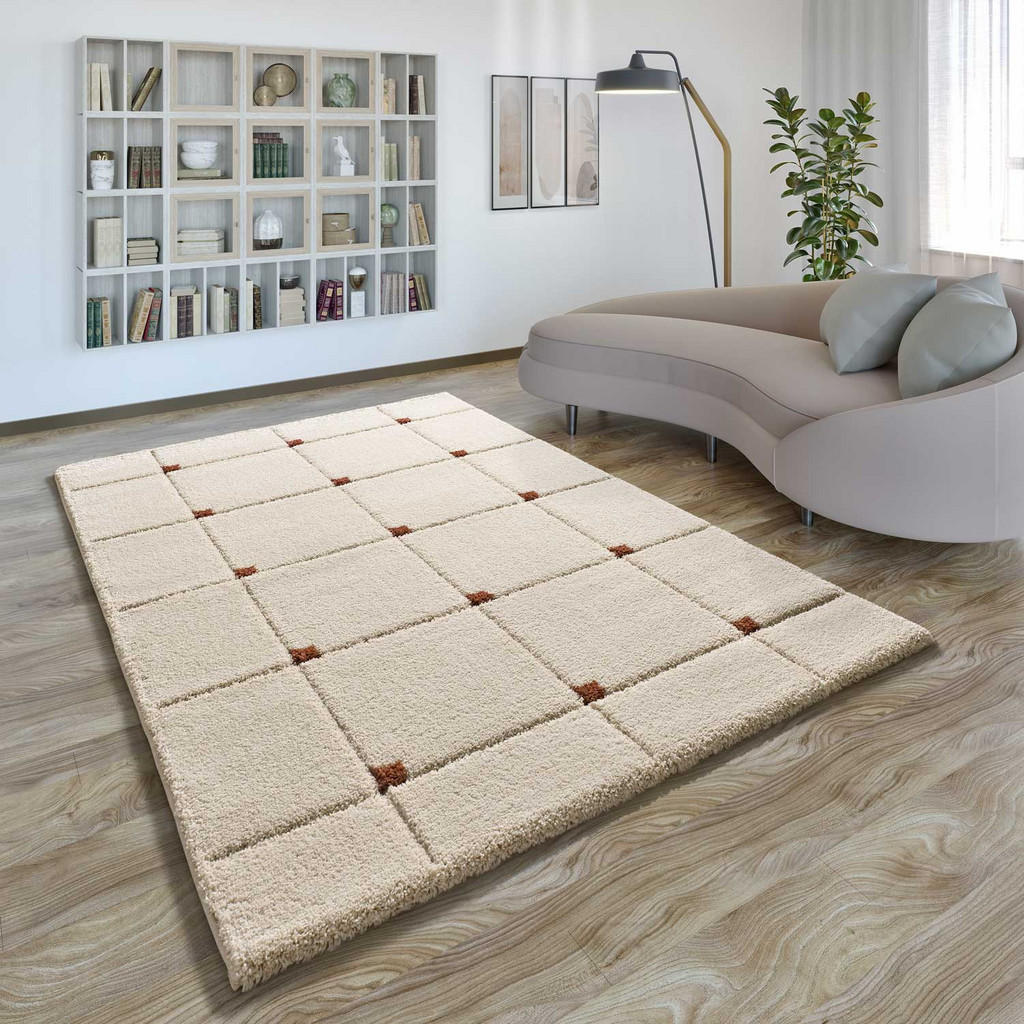 Thumbnail - Atticgo Hochflorteppich, Beige, Terra cotta, Textil, Grafikmuster, Rechteckig, 60x120 cm, Oeko-Tex® Standard 100, für Fu...