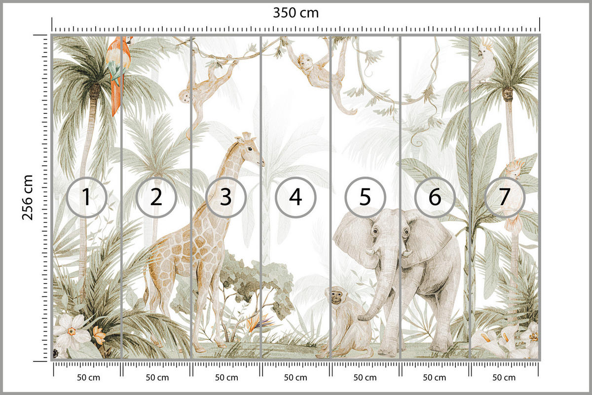 FOTOTAPETE für Kinderzimmer Dschungel Tiere Giraffe Elefant Palmen 350x256 - Ecru/Braun, Papier (350/256cm) - Muralo