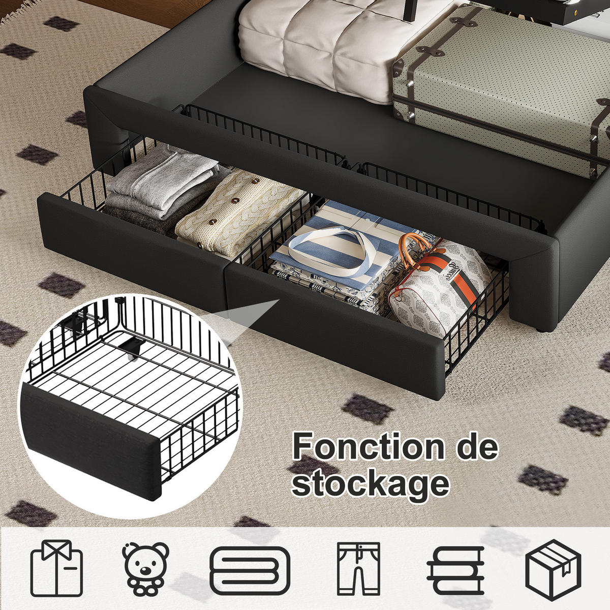 POLSTERBETT 140x200 cm LED USB Stauraum Lattenrost dunkelgrau - Grau, Holz (140/200cm) - LEBENLANG