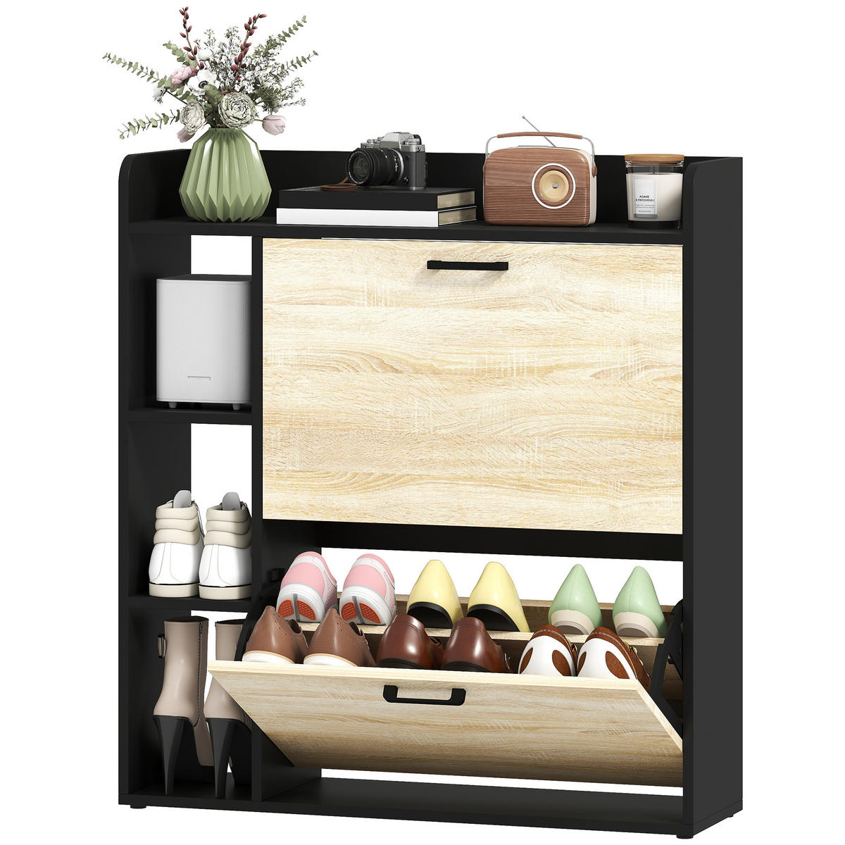 SCHUHSCHRANK Natur und Schwarz Holzwerkstoff klappbar mit Fächern 1 Stück - Naturfarben, Holzwerkstoff (83/90.5/24cm) - PANGIVO