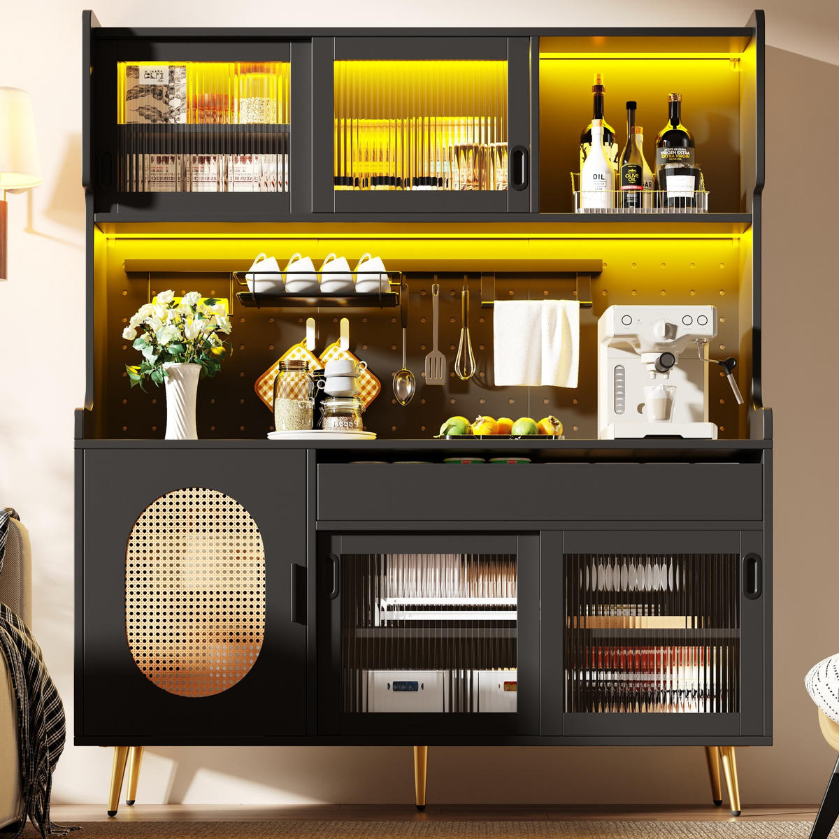 BUFFETSCHRANK 145/39/171 cm mit LED-Lichtleiste, Lochplatte und viel Stauraum aus MDF, Schwarz - Schwarz, Holzwerkstoff (145/171/39cm) - Redom