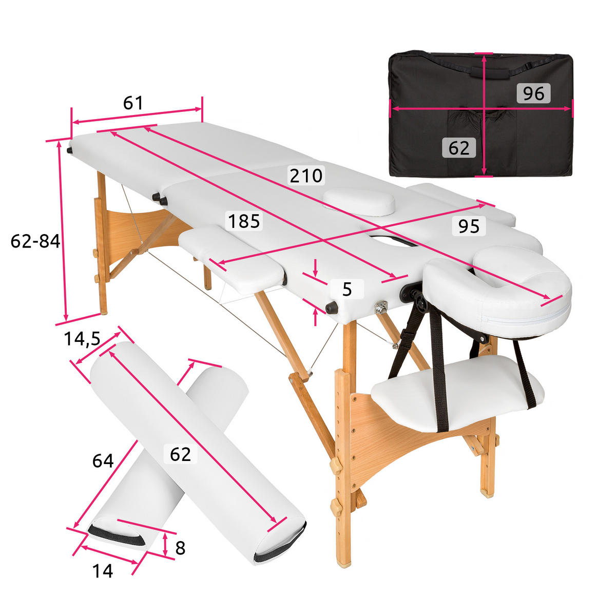 MASSAGELIEGE 2 Zonen Freddi,210 x 95 x 84 cm,weiß - Weiß, Holz (95/84/210cm) - tectake