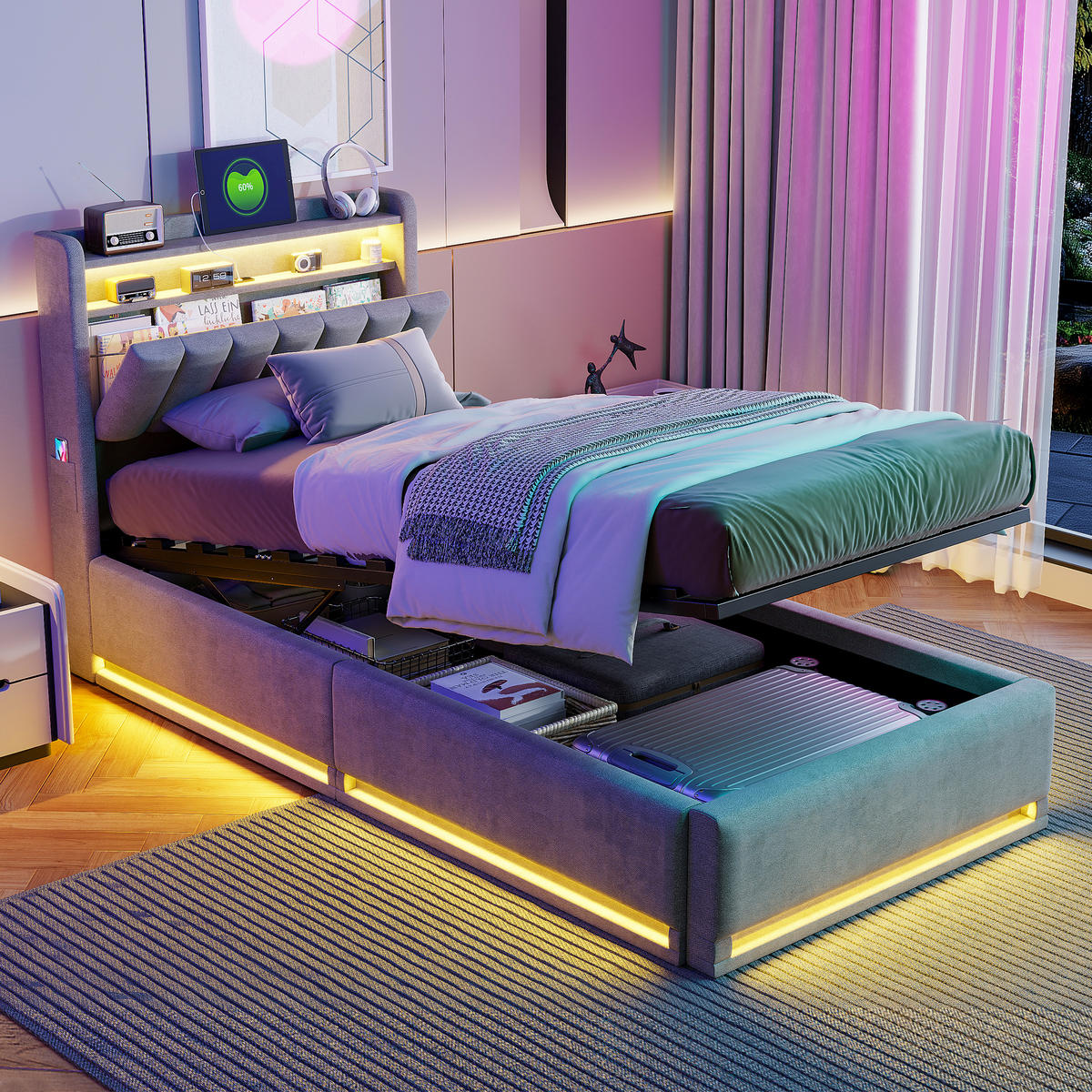 STAURAUMBETT 90x200 cm Einzelbett, LED und USB, Kopfteil mit Stauraum, Samtstoff in Grau - Grau, Holz (90/200cm) - BRILVERDE