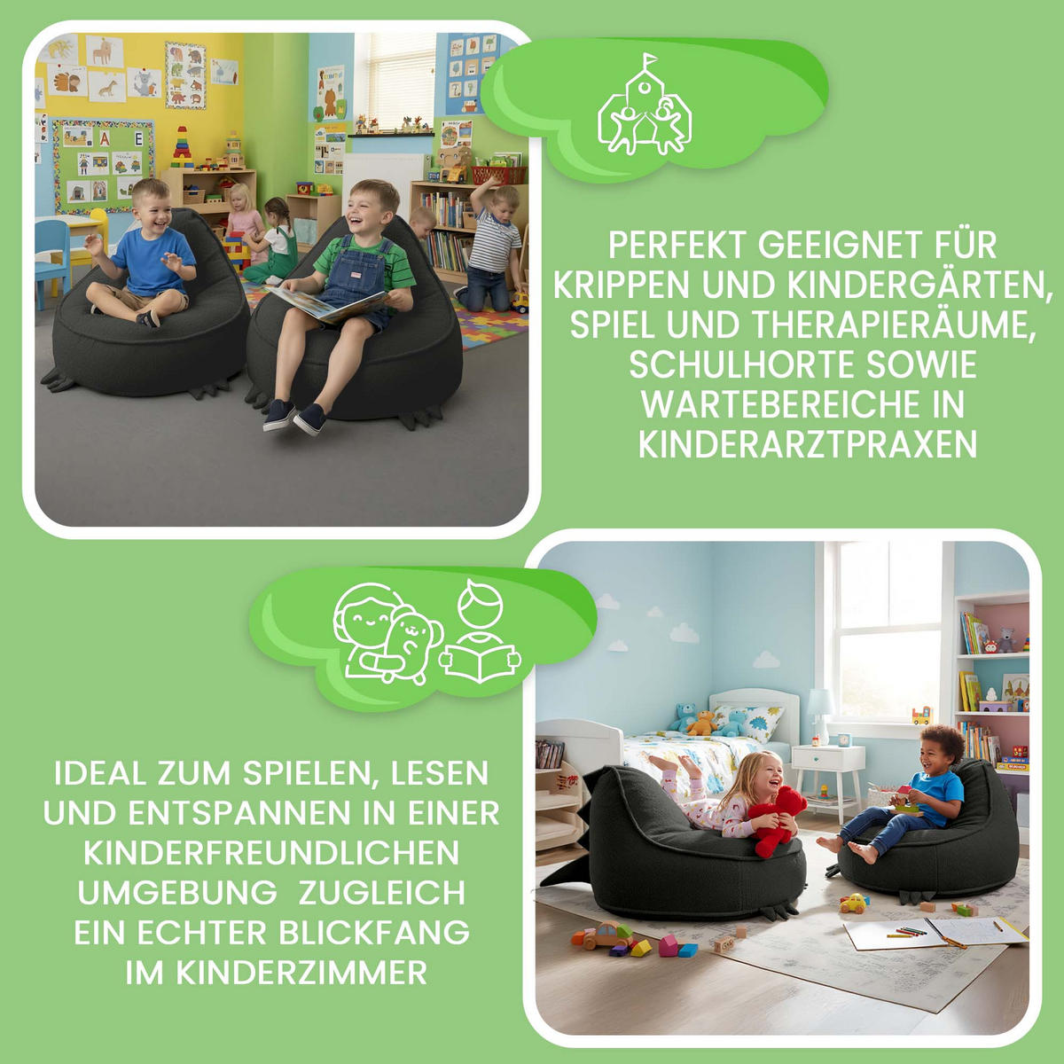 SITZSACK FÜR KINDER Dino 75/75/55 cm, weicher Bouclé 315 g/m², abnehmbarer Bezug, Steel Grey - Dunkelgrau, Textil (75/55/75cm) - Dreamroots