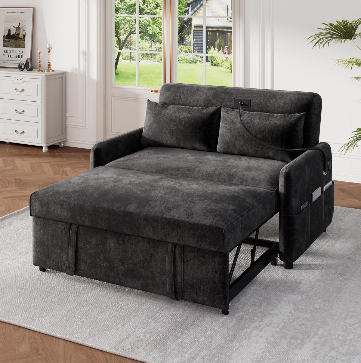 SCHLAFSOFA Doppel mit Schlaffunktion verstellbarer Rückenlehne Handyhalter & USB-Anschluss Grau 129/163/81 cm - Grau, Textil (129/81/76cm) - OKWISH