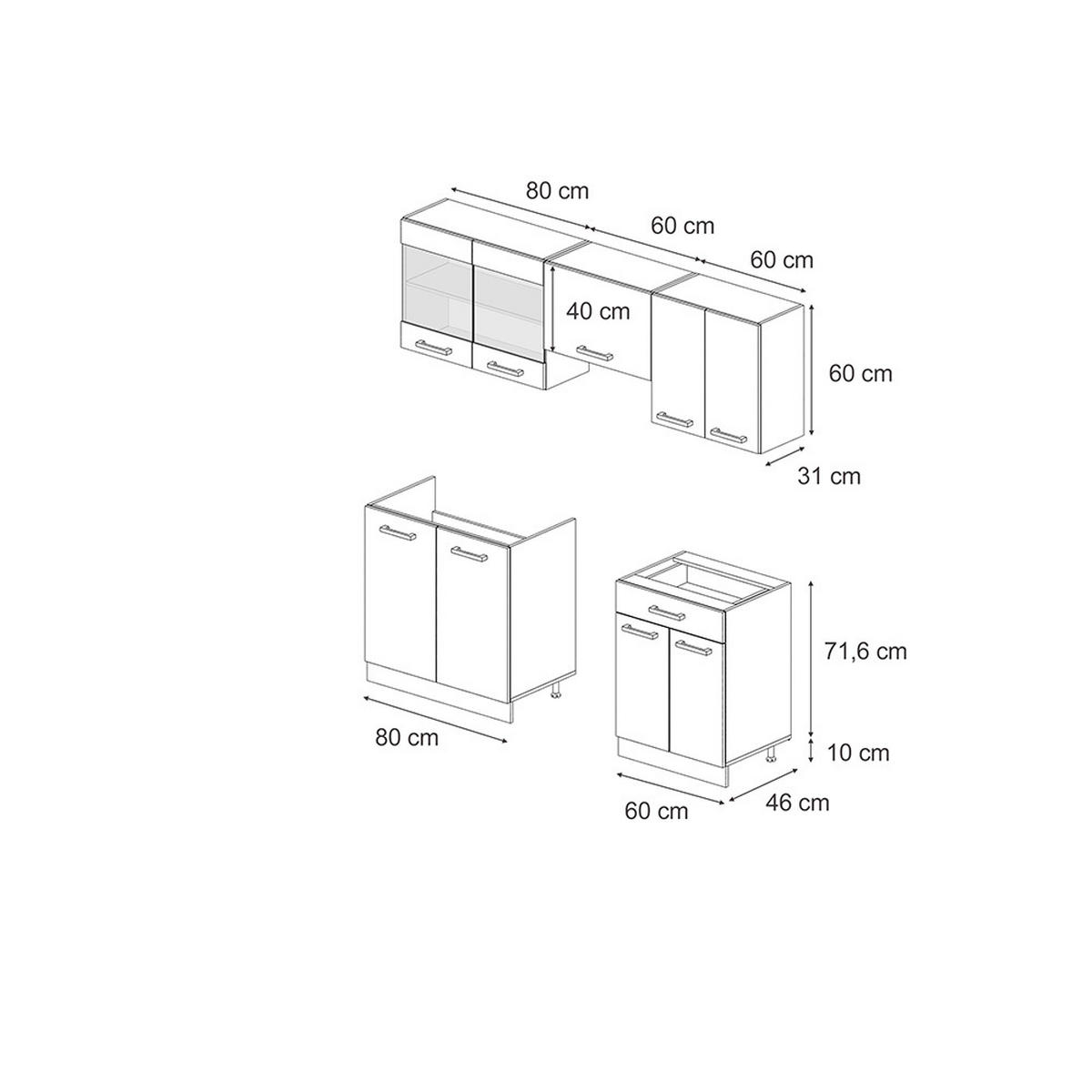 KÜCHE R-Line Schwarz Beton/Weiß 200 cm ohne AP - Schwarz/Weiß, Holzwerkstoff (200/81.6/46cm) - Vicco