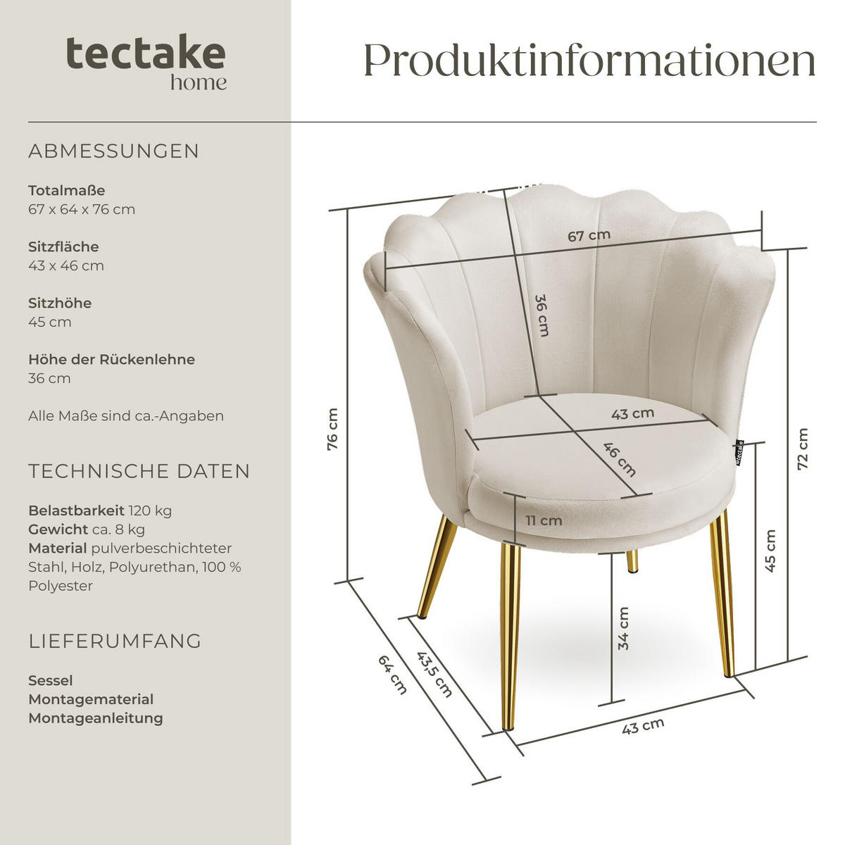 SESSEL Stella,67 x 64 x 76 cm,Samtoptik creme/gold - Goldfarben/Samtahornfarben, Textil (67/76/64cm) - tectake