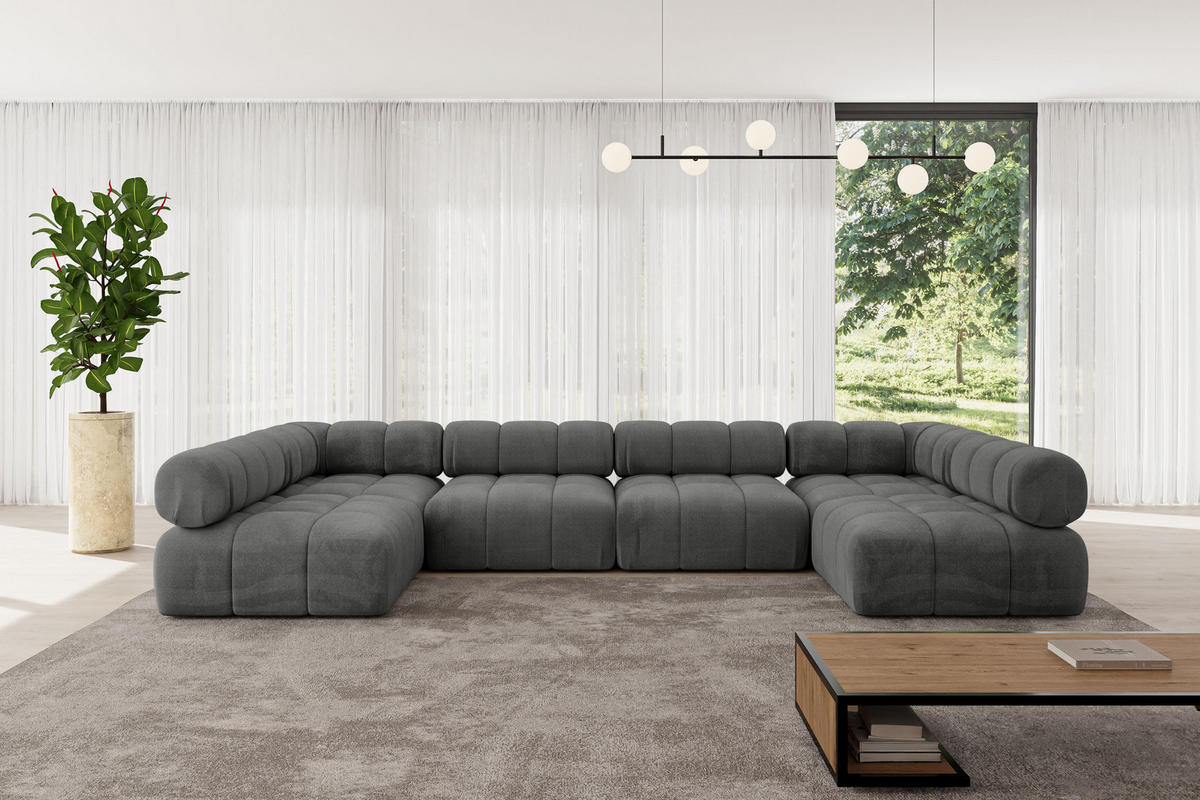 WOHNLANDSCHAFT modulares Sofa Garvo-U2 - 380x190x70 cm Dunkelgrau Velours - Dunkelgrau, Holzwerkstoff/Textil (380/70/190cm) - ALTDECOR