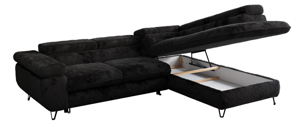 ECKSOFA PETER L Schwarz Plüsch - Rechts Seite - Schwarz, Textil/Metall (273/208cm) - MKS