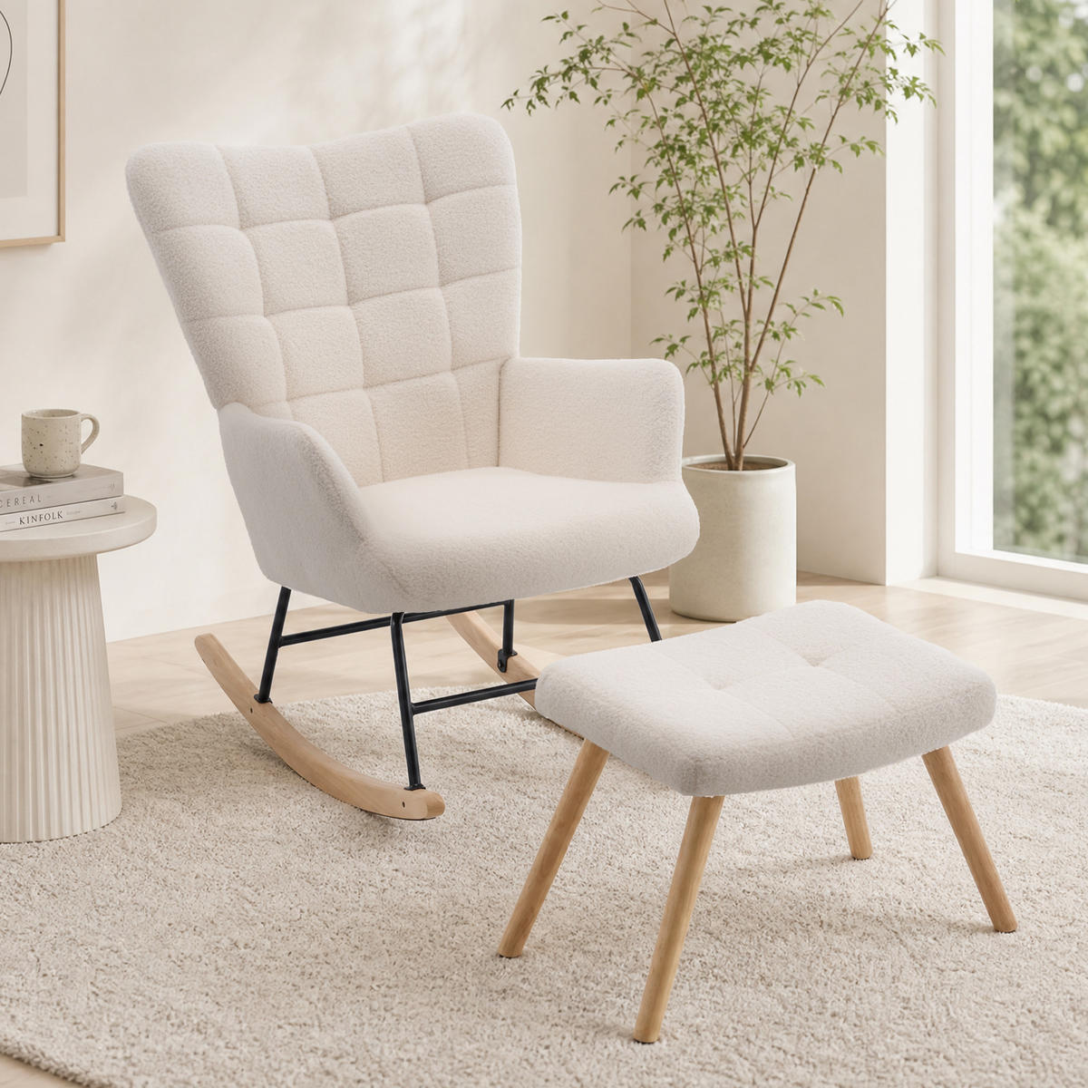 SCHAUKELSTUHL 91/61/88 cm mit hoher Rückenlehne und Fußhocker, Beige - Beige, Textil (88/91/68cm) - Redom