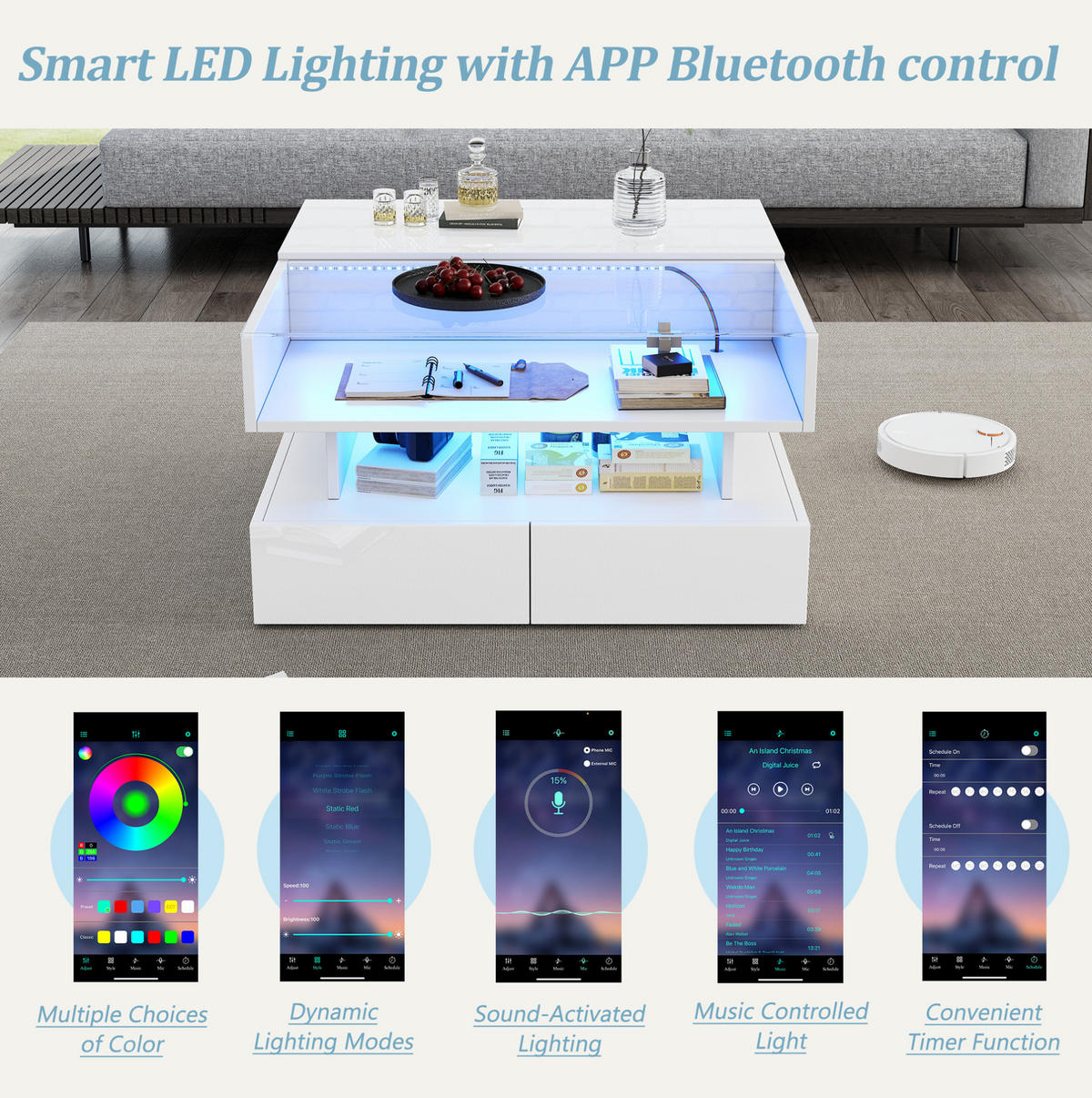 COUCHTISCH aus Spanplatte und Glas 80x80x45 cm Weiß mit Hubfunktion, LED und 2 Schubladen - Weiß, Holzwerkstoff (80/80/45cm) - IVMEU