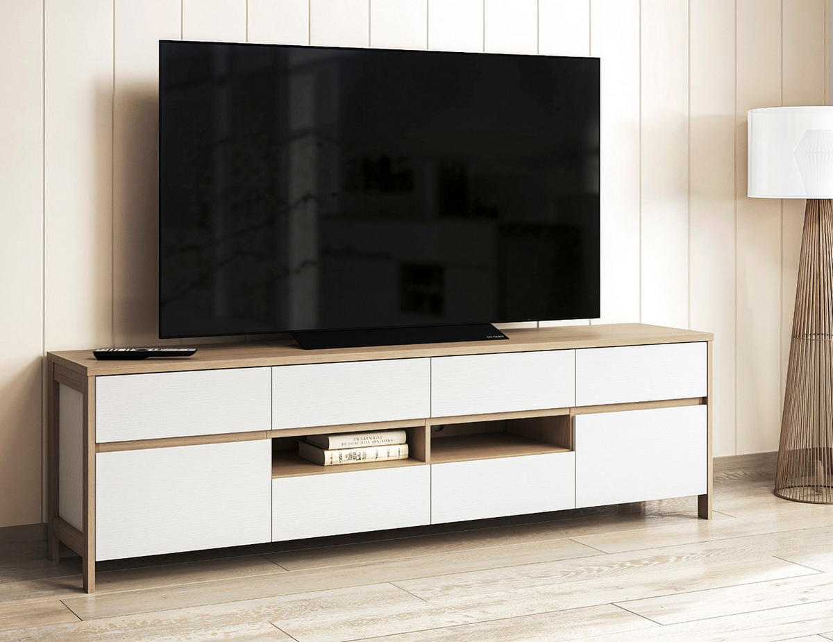 TV-LOWBOARD weiß, Eiche, TV Unterteil skandinavisch 193 cm, Soft-Close, Finnes - Eichefarben/Weiß, Holzwerkstoff/Metall (193/58/39cm) - Furn.Design