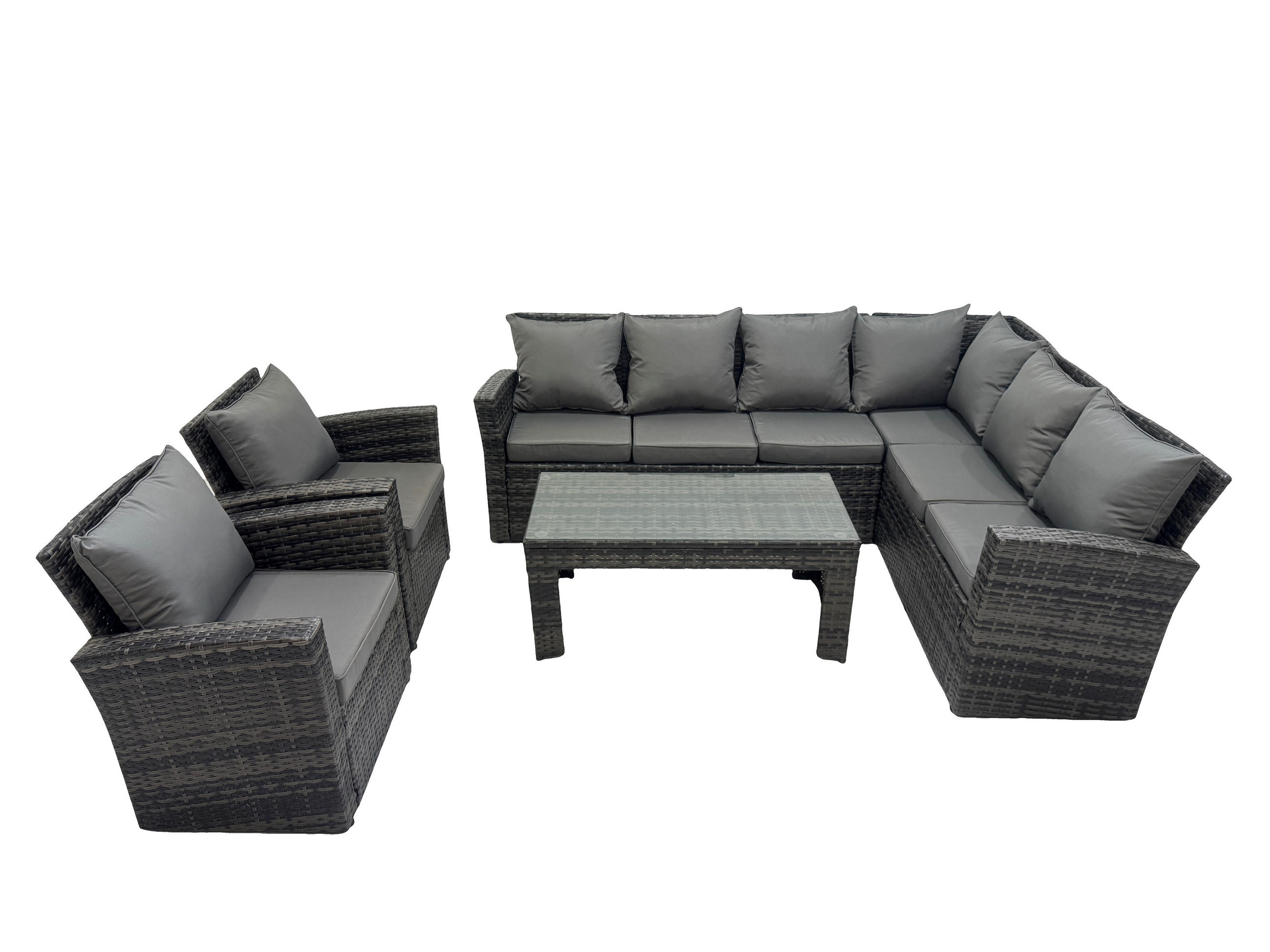 LOUNGEGARNITUR mit Couchtisch Sofa Polyrattan Dunkelgrau 8-Sitzer - Dunkelgrau/Grau, Glas/Kunststoff - Fimous