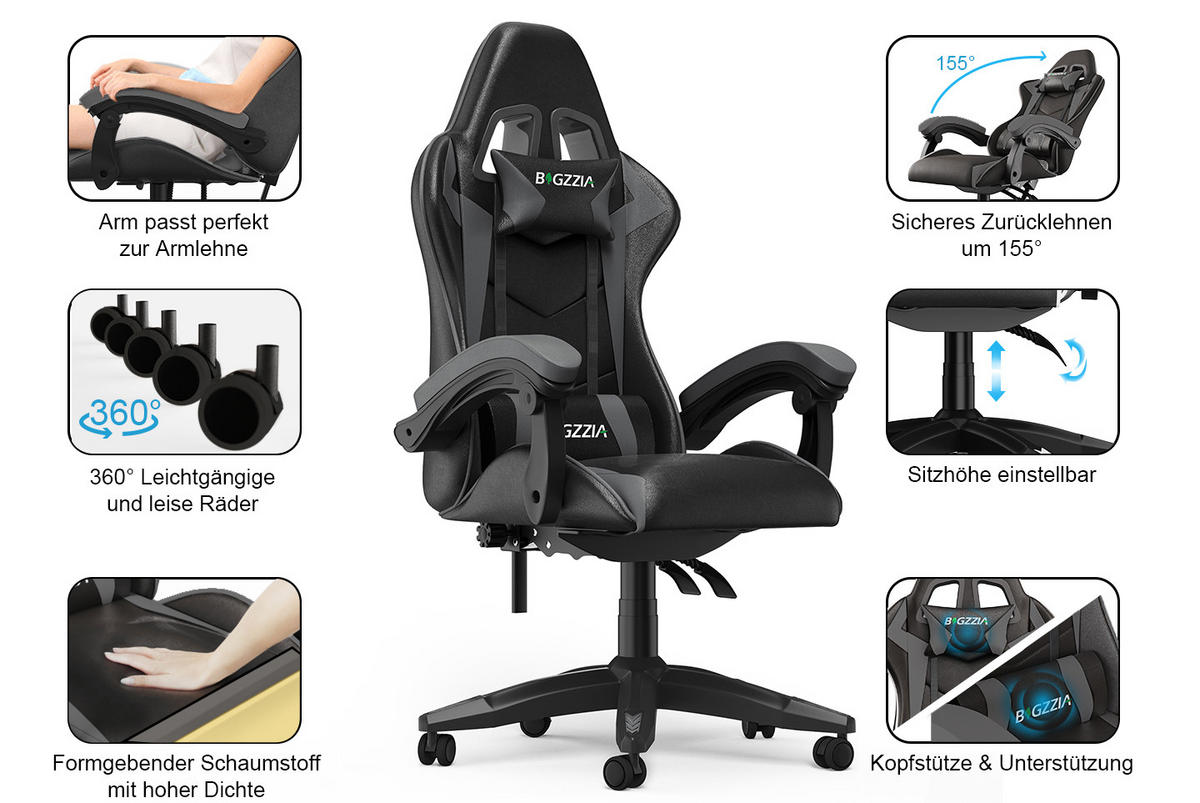 GAMING-STUHL ergonomisch, verstellbare Rückenlehne, Kissen – Schwarz/Grau - Grau, Leder (59/120/56cm) - Rattantree