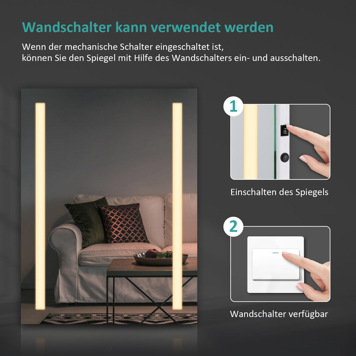 BADSPIEGEL mit Beleuchtung Kippschalter Rechteckig 80/60 cm - Weiß, Glas (60/3.5/80cm) - EMKE