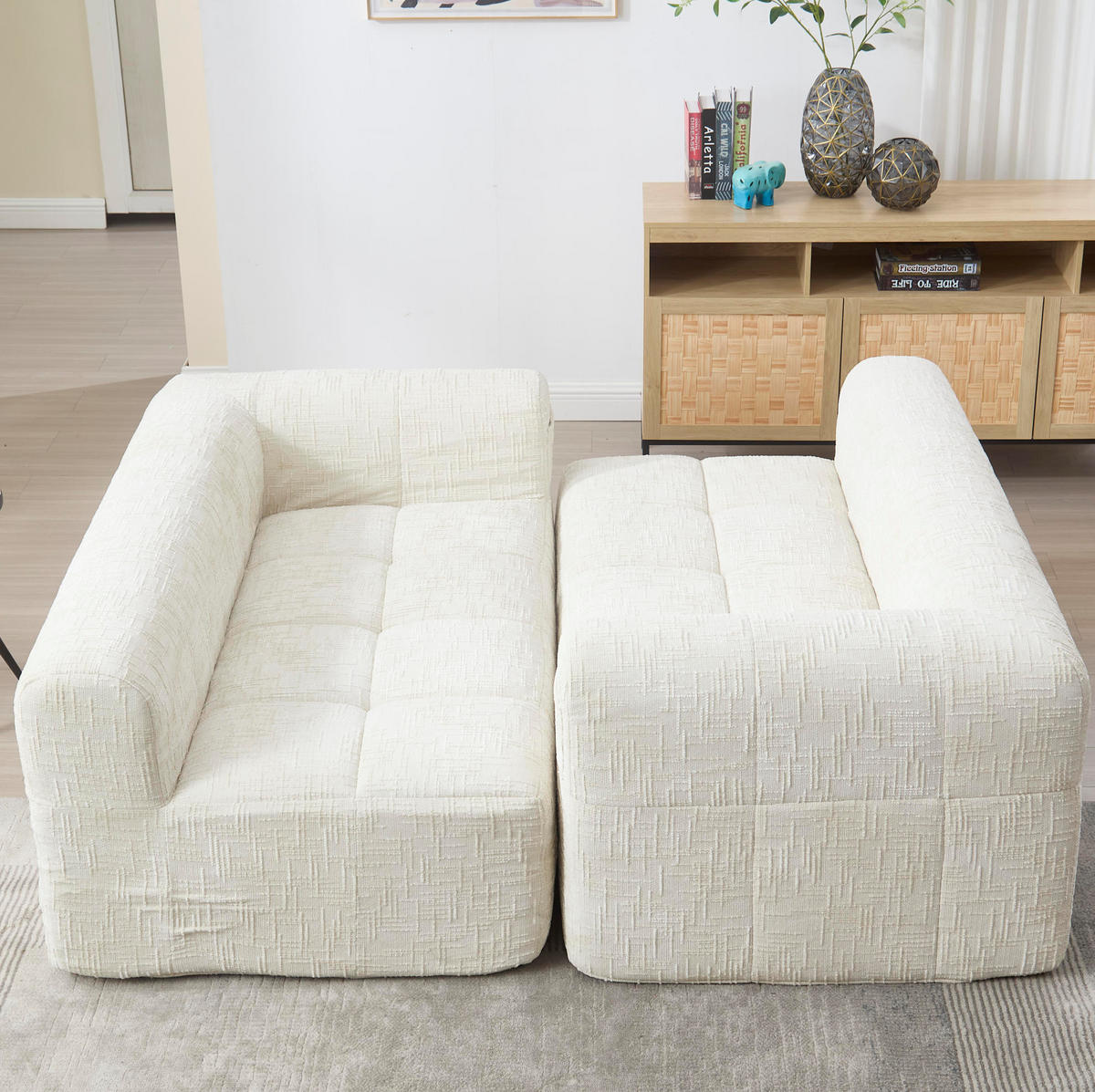 ECKSOFA 250/158/60 cm mit Chaiselongue, 3 Kissen und Seitentaschen, Chenille, Beige - Weiß, Textil (158/250cm) - Redom