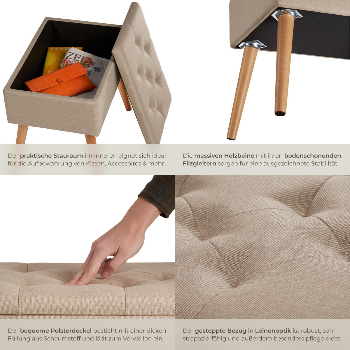 SITZBANK Ranya,51 x 37,5 x 45,5 cm,Sand - Sandfarben, Holz (37.5/45.5/51cm) - tectake