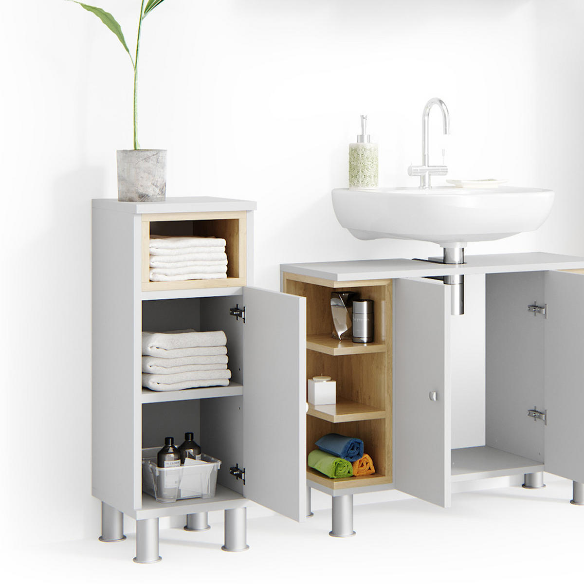 BADMÖBEL-SET Aquis Weiß 3 Teile - Weiß/Sonoma Eiche, Holzwerkstoff (79.6/64/32cm) - Vicco