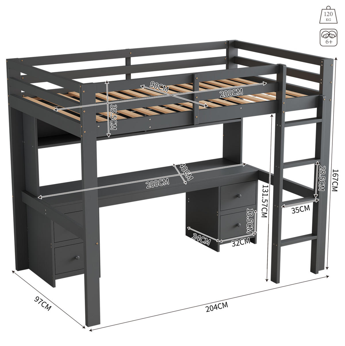HOCHBETT 90/200 cm mit Schreibtisch, 4 Schubladen und 4 Ablagefächern aus Kiefern Holzwerkstoff und MDF, Grau - Grau, Holzwerkstoff (90/200cm) - Redom