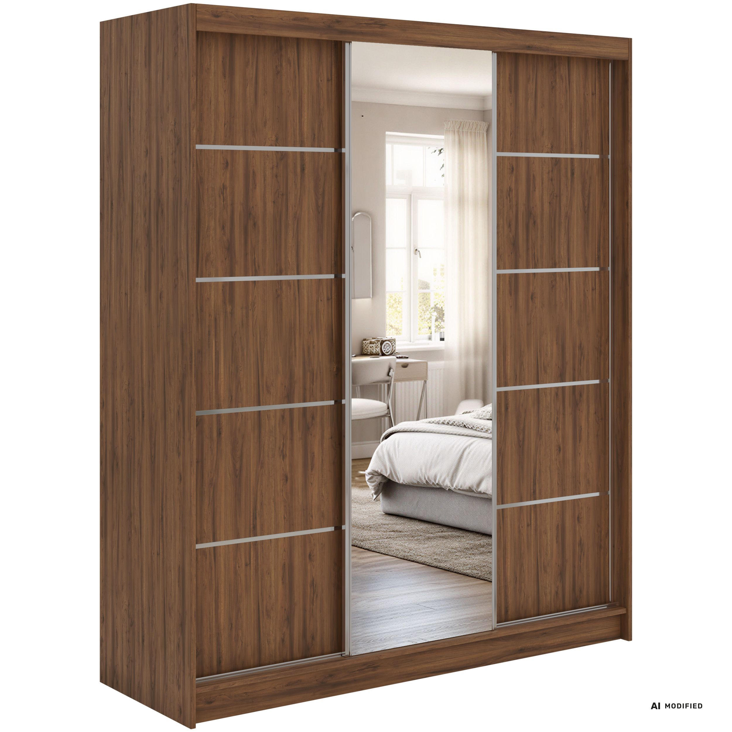SCHWEBETÜRENSCHRANK mit Schubladen 180 - SKORIA - Warmia Walnuss mit Spiegel - Walnussfarben/Alufarben, Holzwerkstoff/Metall (180/216/61cm) - MKS