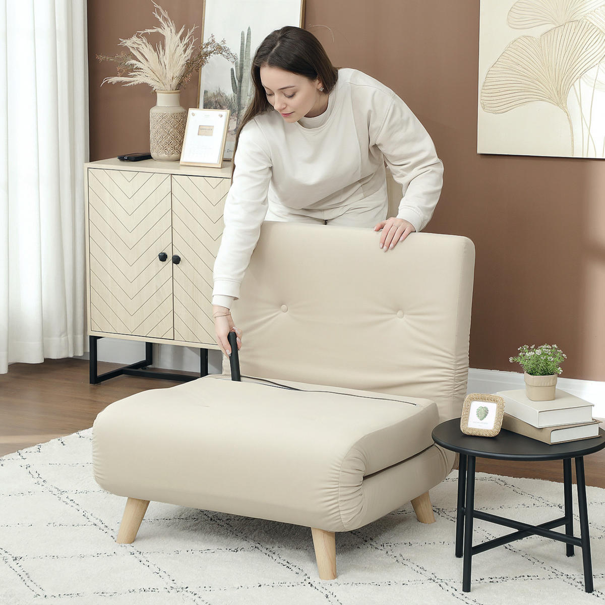 SCHLAFSESSEL mit Bettfunktion 72 x 190 cm Samtoptik Beige - Beige, Holz (78/79/72cm) - Meubliv