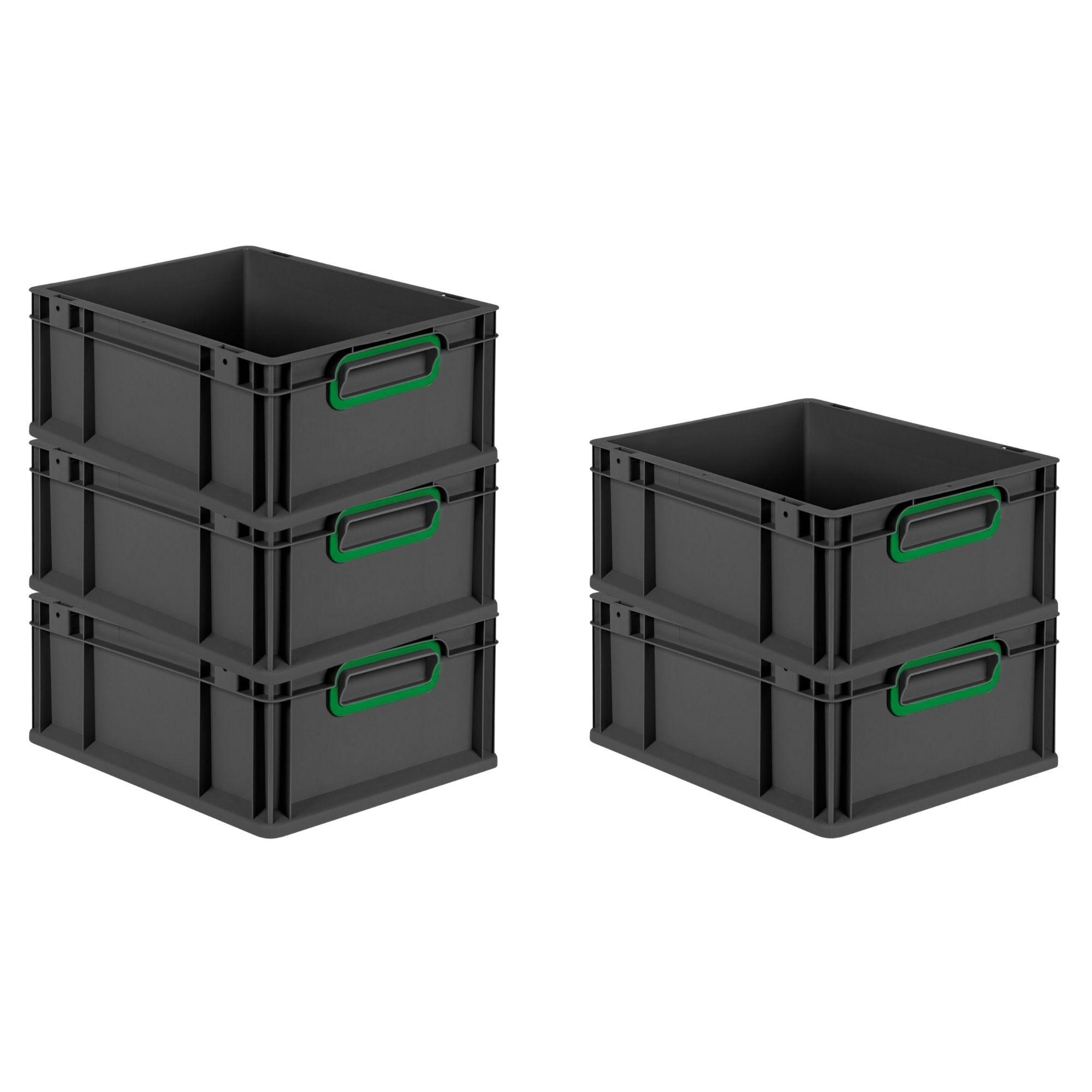 EUROBOX 5x NextGen Color 17x30x40 cm 16 Liter Griffe grün zu, Schwarz - Schwarz/Grün, Kunststoff (30/17/40cm) - PROREGAL