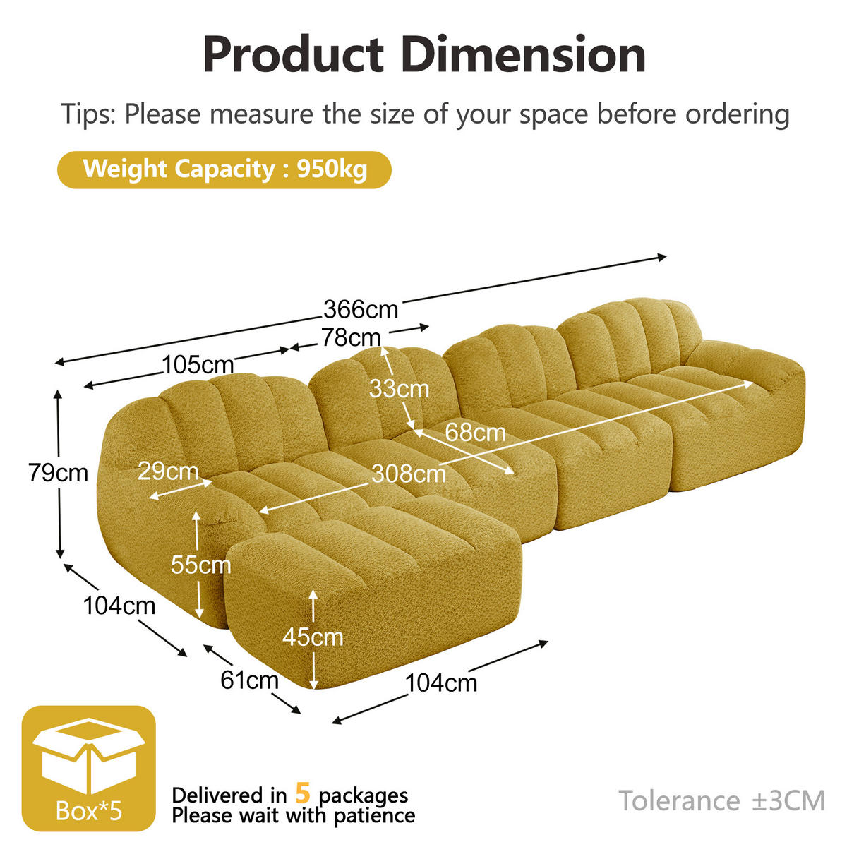 4-SITZER ECKSOFA Granulierter Fleece Gelb mit Ottomane - Gelb, Textil (366/165cm) - WISHDOR