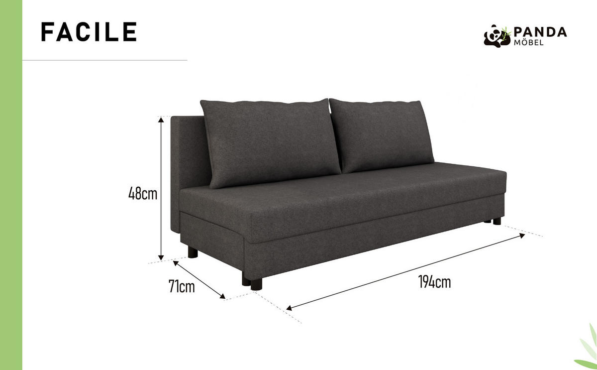 SCHLAFSOFA Facile mit Bettkasten – Moderne 2-in-1 Couch mit Stauraum, dunkelgrau - Dunkelgrau, Holz (194/48/71cm) - Panda Möbel