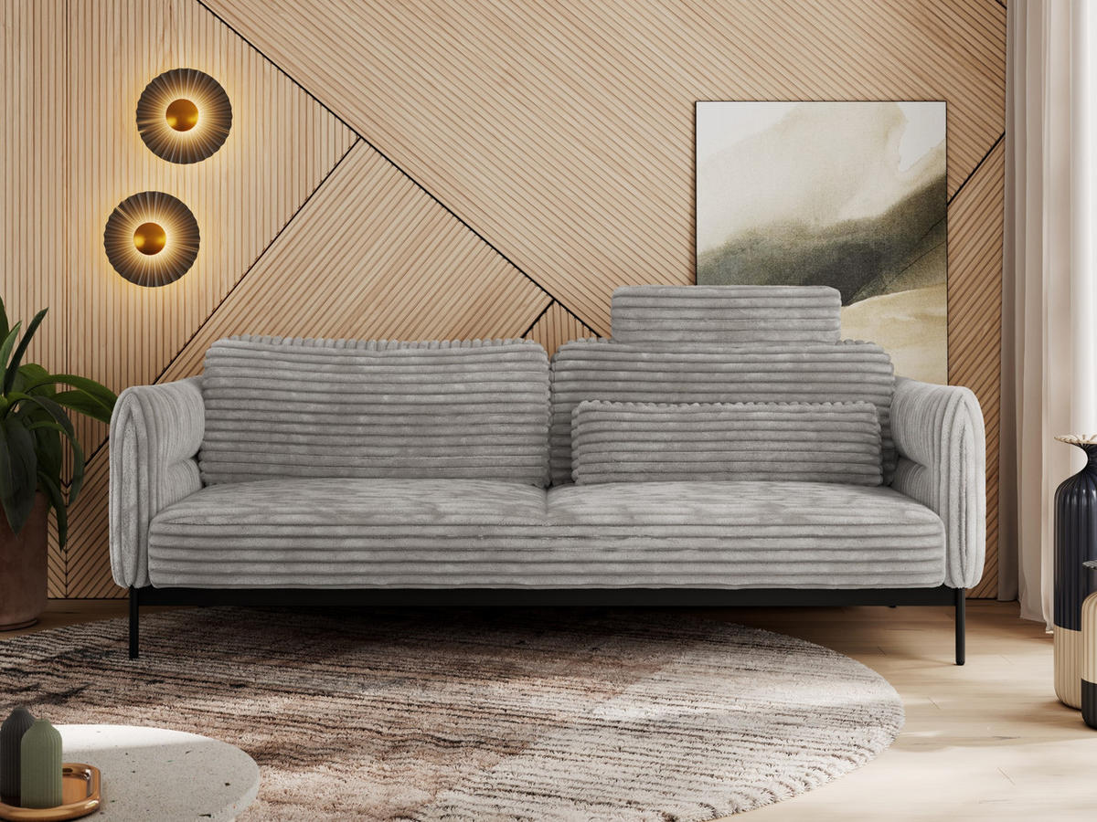 SOFA SALENTO Hellgrau Cord - Hellgrau/Schwarz, Textil/Metall (221/82/101cm) - MKS