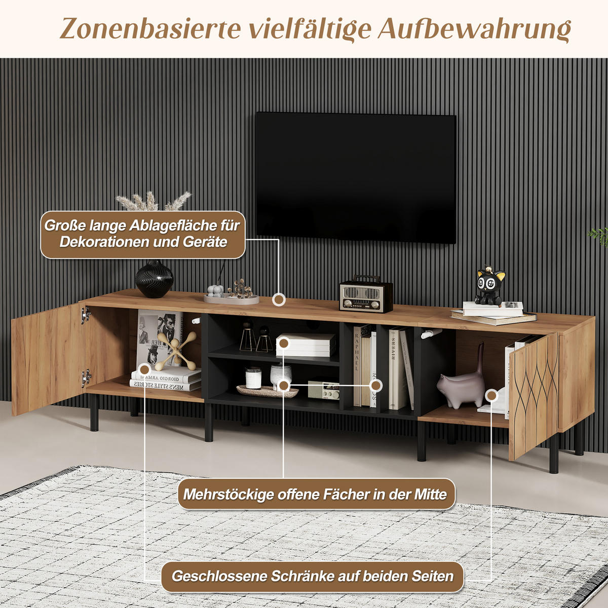 TV-SCHRANK 180/40/50 cm Naturholz/Schwarz mit 2 Türen und 4 Fächern - Schwarz, Holzwerkstoff (180/50/40cm) - Oxeza