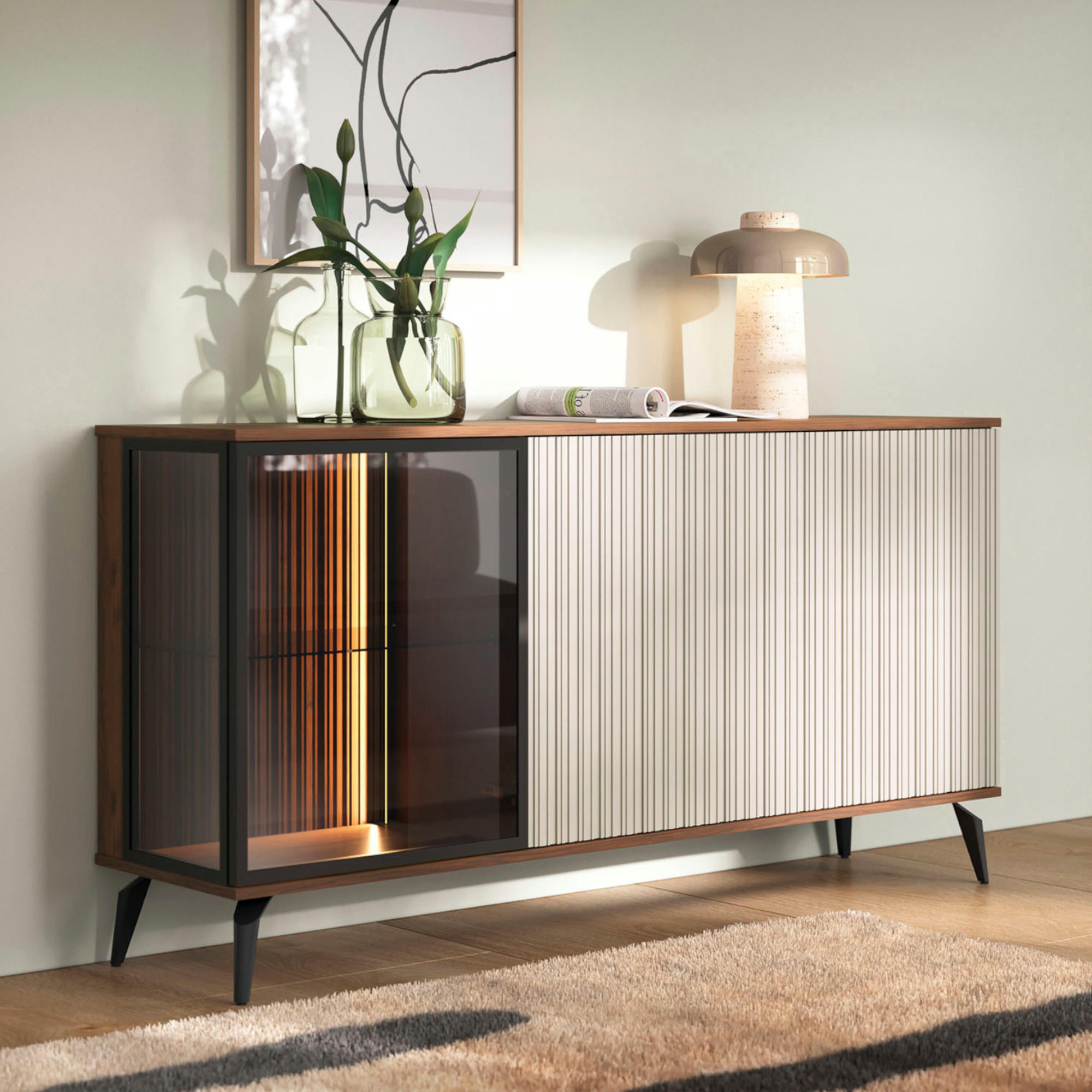 SIDEBOARD DAWSON KOM1 Profilierte Fronten Eiche Walnuss Kaschmir - Kaschmir, Holzwerkstoff/Kunststoff (154/80/39cm) - Komodee