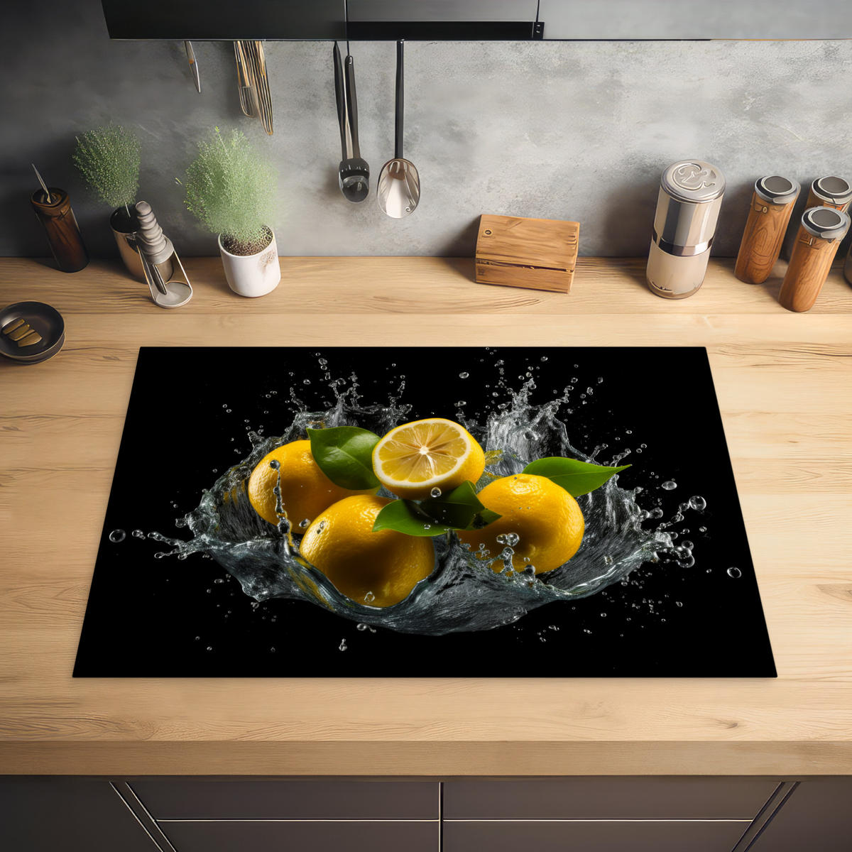 HERDABDECKPLATTE Zitrone - Obst - Gelb - Schwarz 77x51 cm - Gelb, Kunststoff (77/0.2/51cm) - MuchoWow