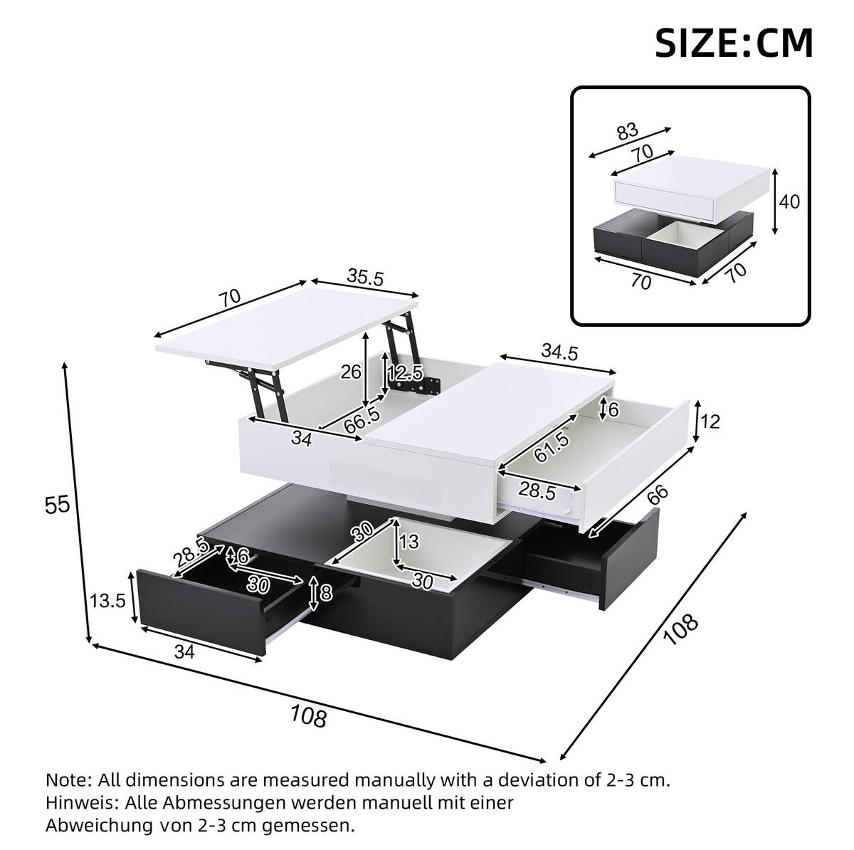 COUCHTISCH, 360° drehbar, Hochglanz schwarz-weiß, 3 Schubladen, versteckter Stauraum, 70/70/40–55 cm,Multicolor - Multicolor, Holzwerkstoff (70/70/40cm) - Redom