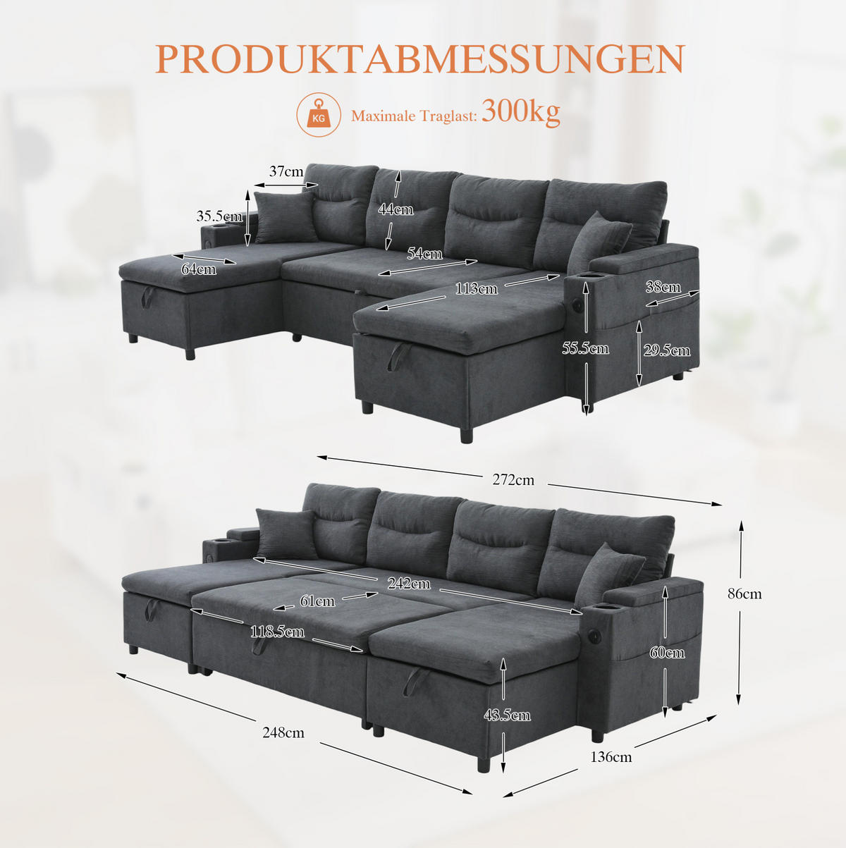 WOHNLANDSCHAFT 272/136/86 cm in Dunkelgrau mit Stauraum, Getränkehaltern und USB- und Type-C-Anschluss - Dunkelgrau, Textil (136/86/272cm) - Flora Grace